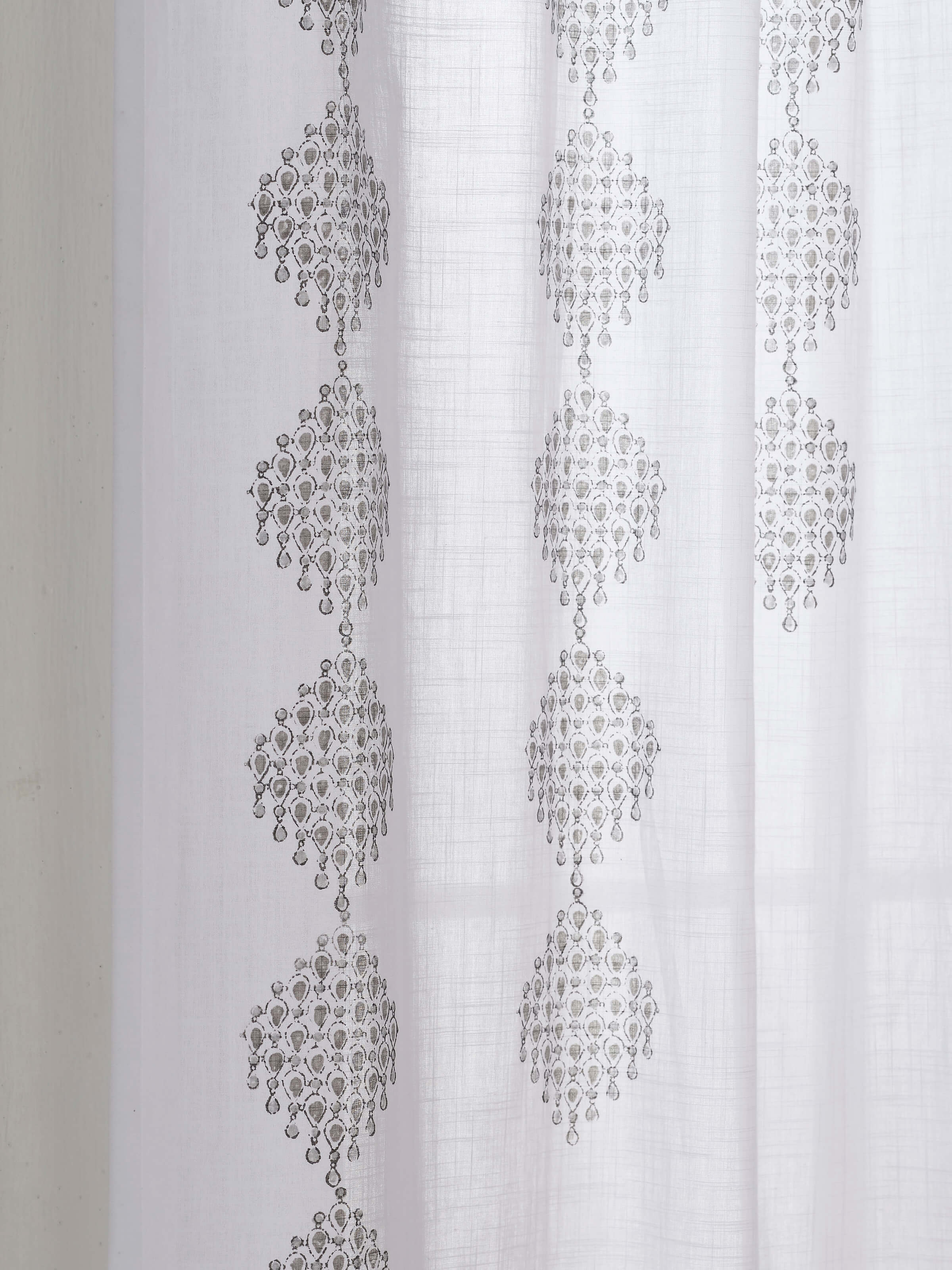 Close-up of Rambagh White Modern Geo Diamond Cotton Sanganeri Block Printed Curtain (9 ft) emphasizing the intricate geo diamond pattern.