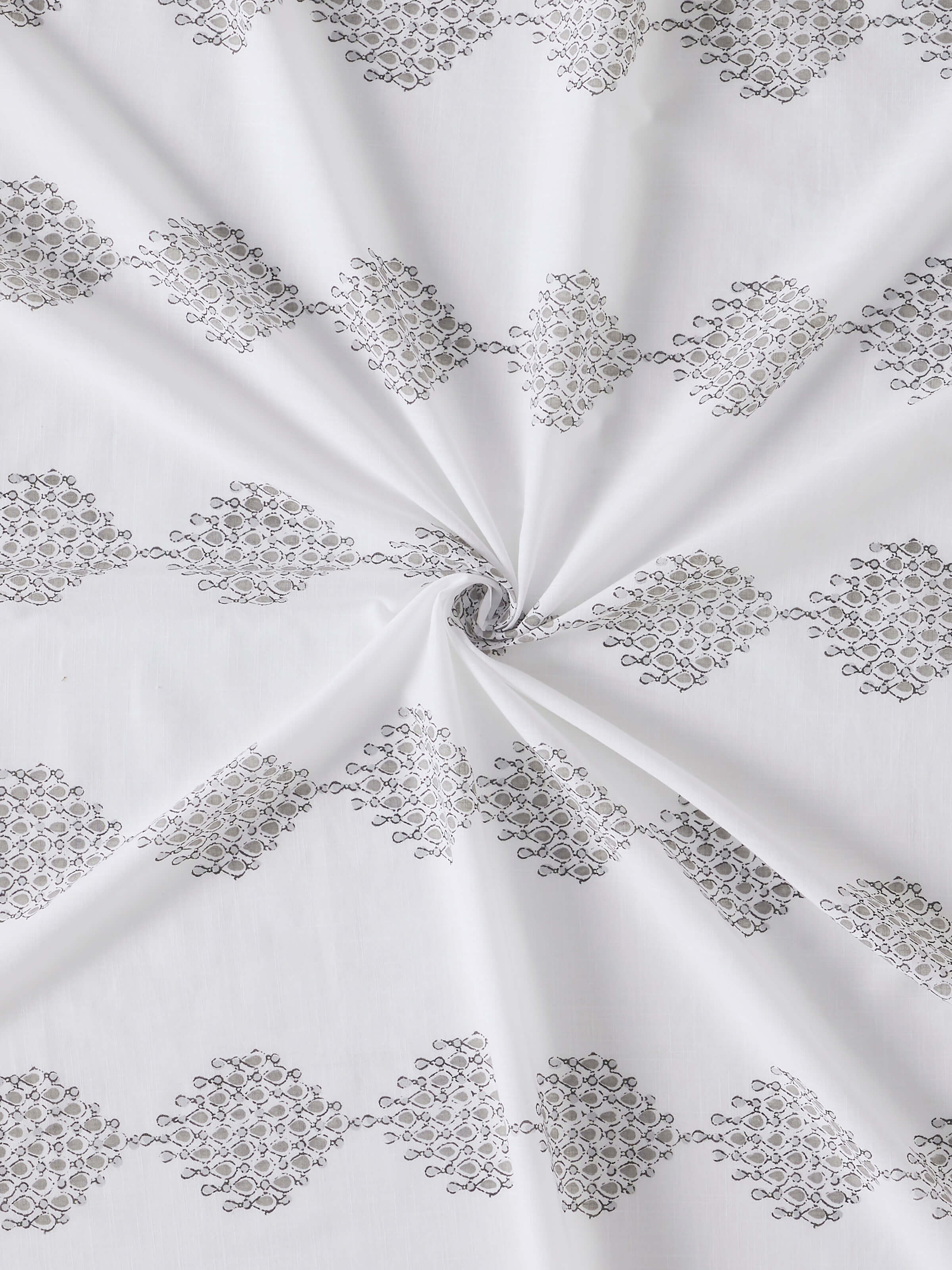 Detailed shot of Rambagh White Modern Geo Diamond Cotton Sanganeri Block Printed Curtain (9 ft) capturing the print and cotton fabric quality.