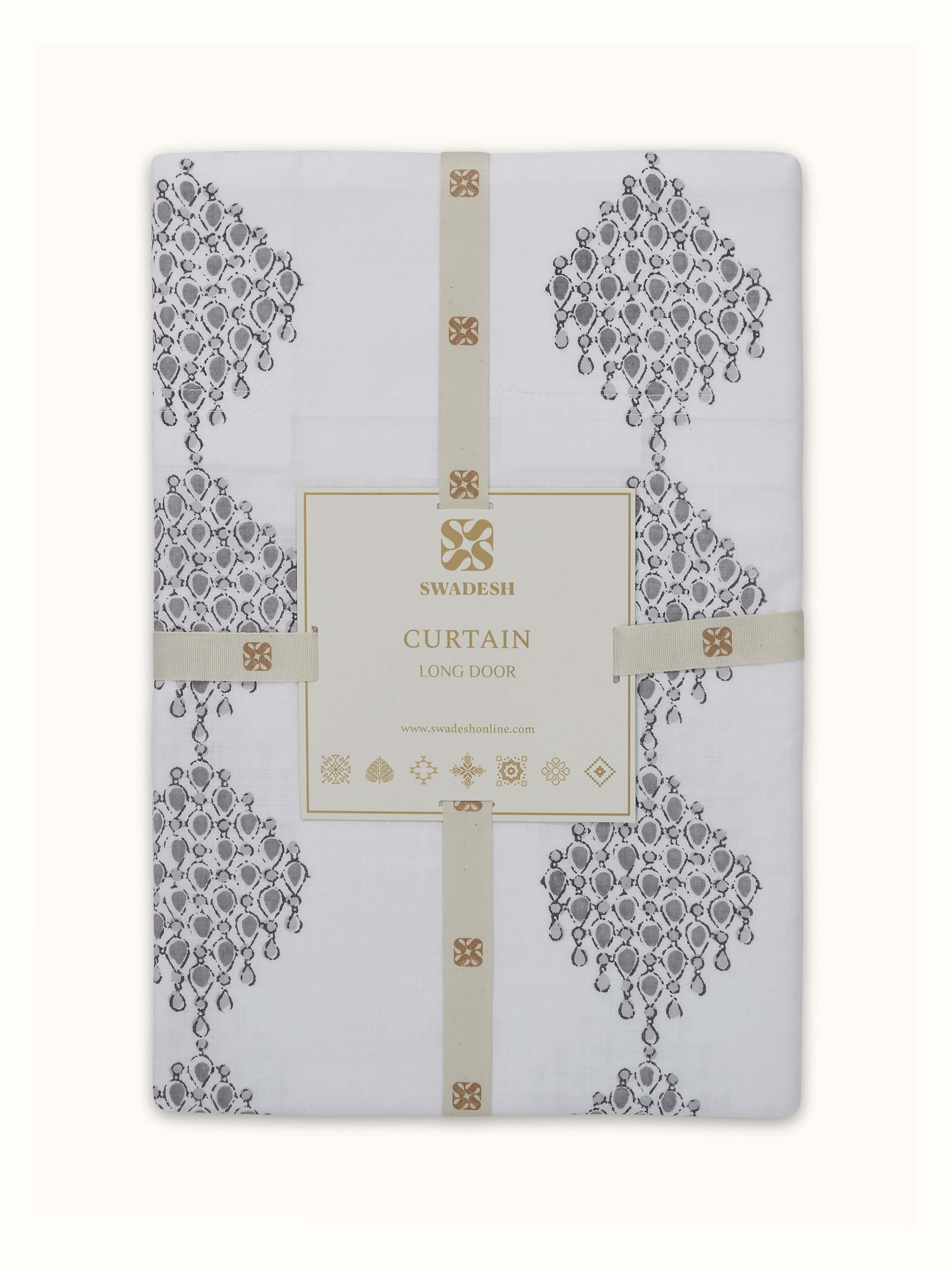 Angled view of Rambagh White Modern Geo Diamond Cotton Sanganeri Block Printed Curtain (9 ft) displaying the modern design and print details.