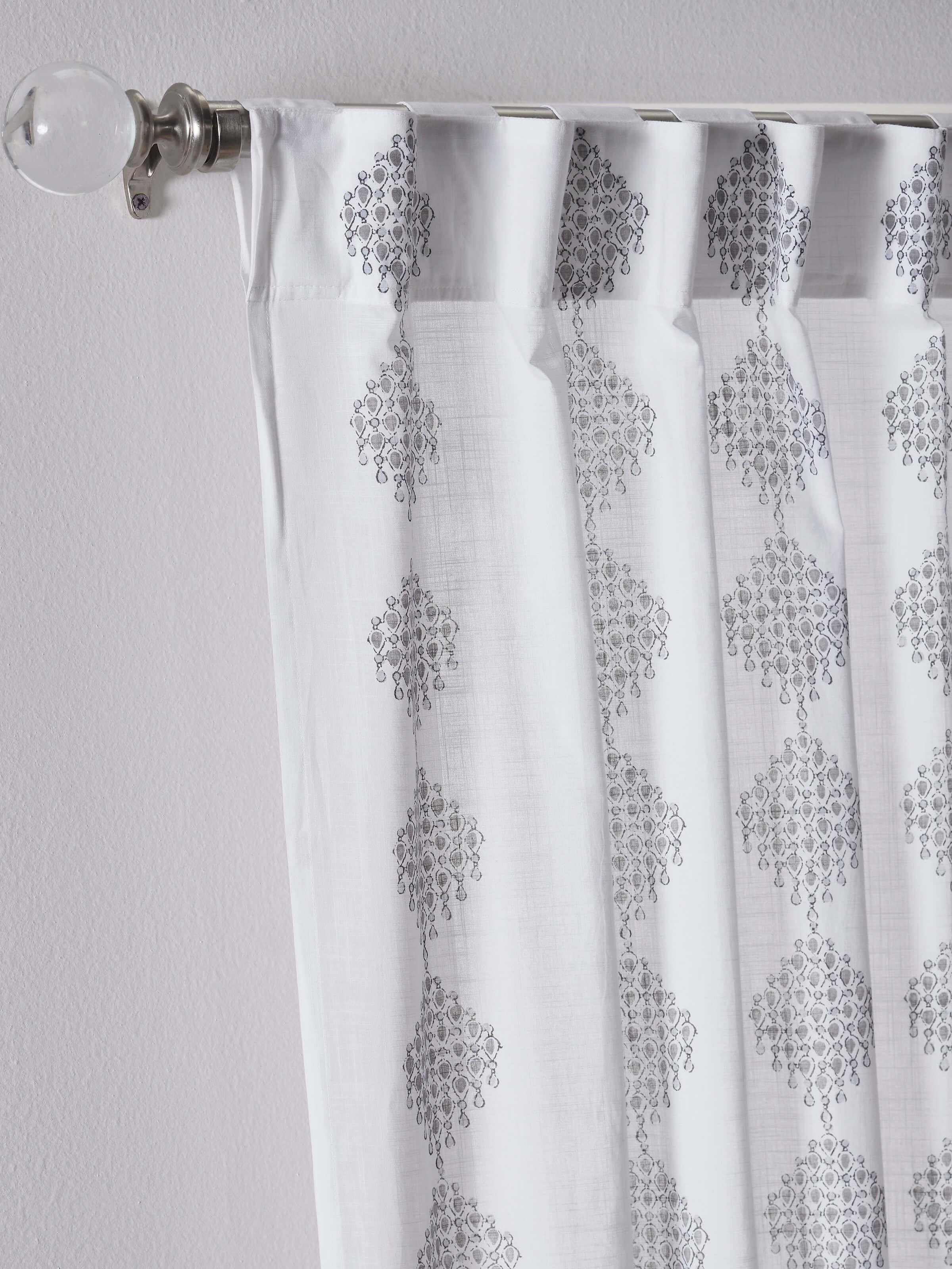 Front view of Rambagh white modern geo diamond cotton Sanganeri block printed curtain (7 ft) displaying pattern