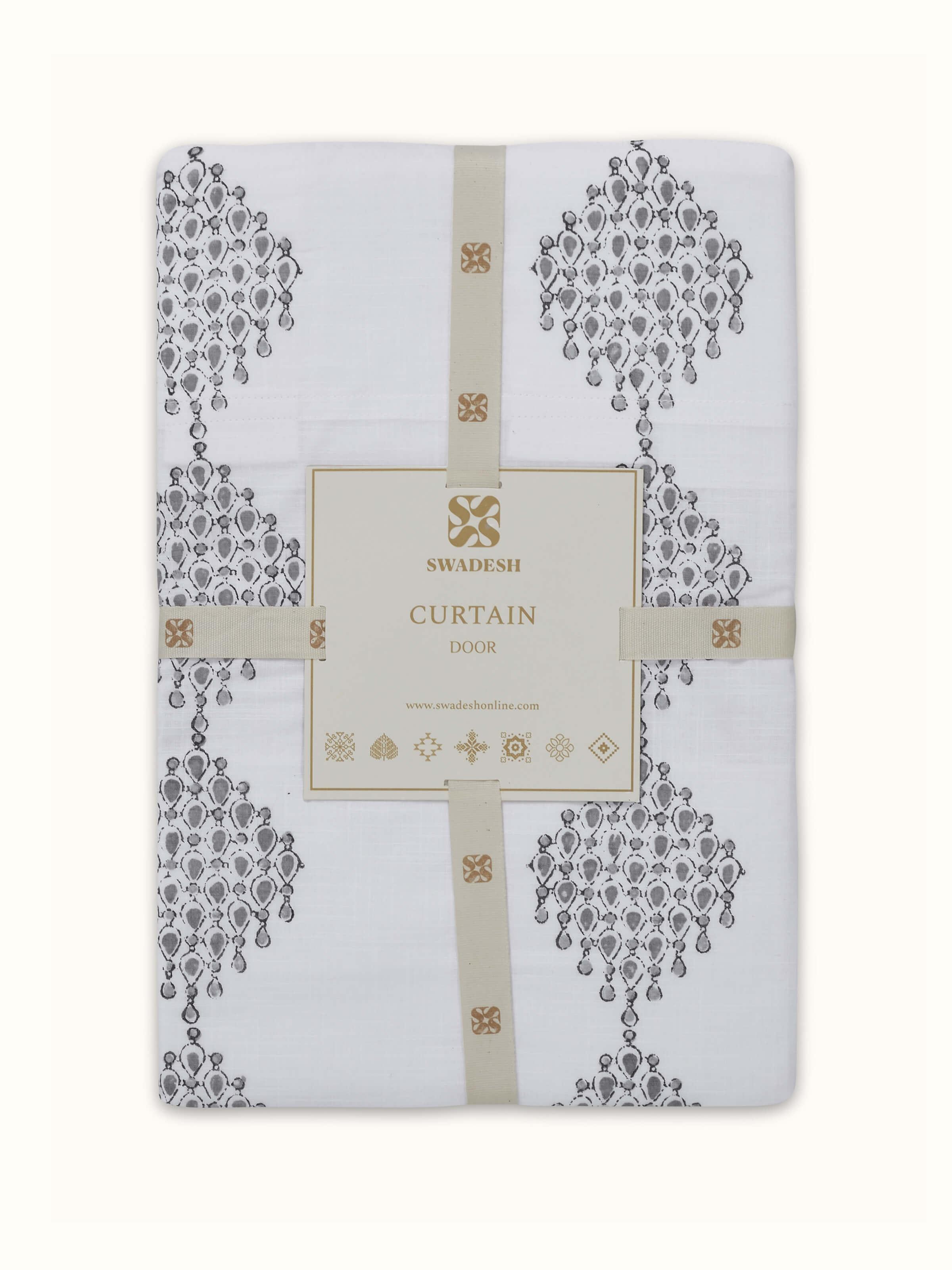 Close-up of Rambagh white modern geo diamond cotton Sanganeri block printed curtain (7 ft) illustrating print detail