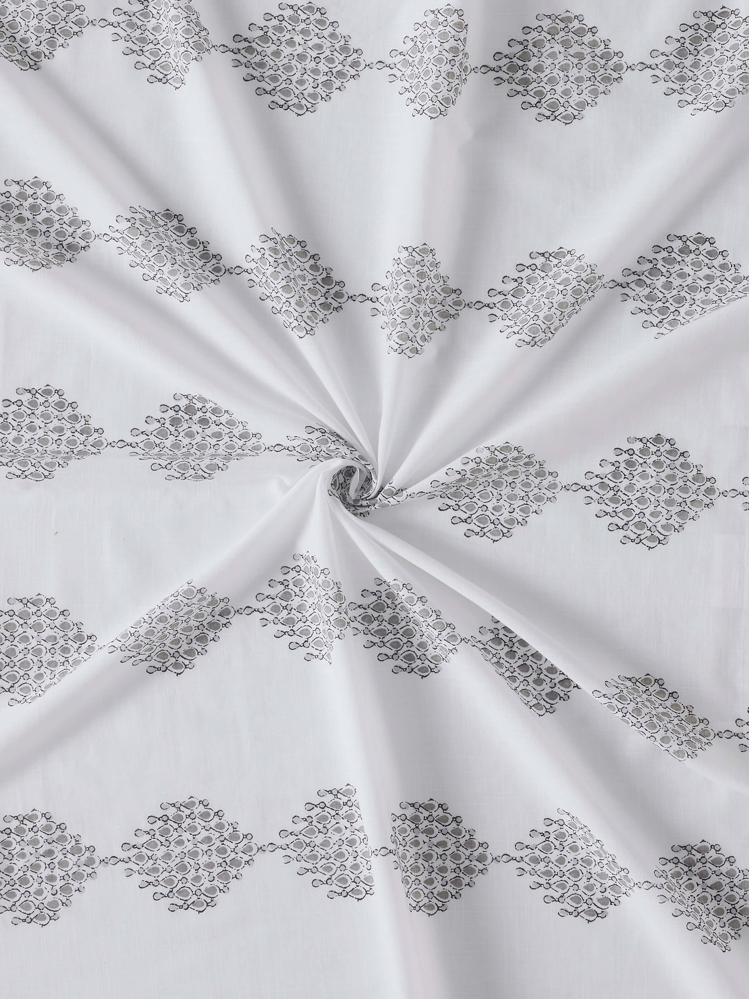 Side view of Rambagh white modern geo diamond cotton Sanganeri block printed curtain (7 ft) showing curtain hanging