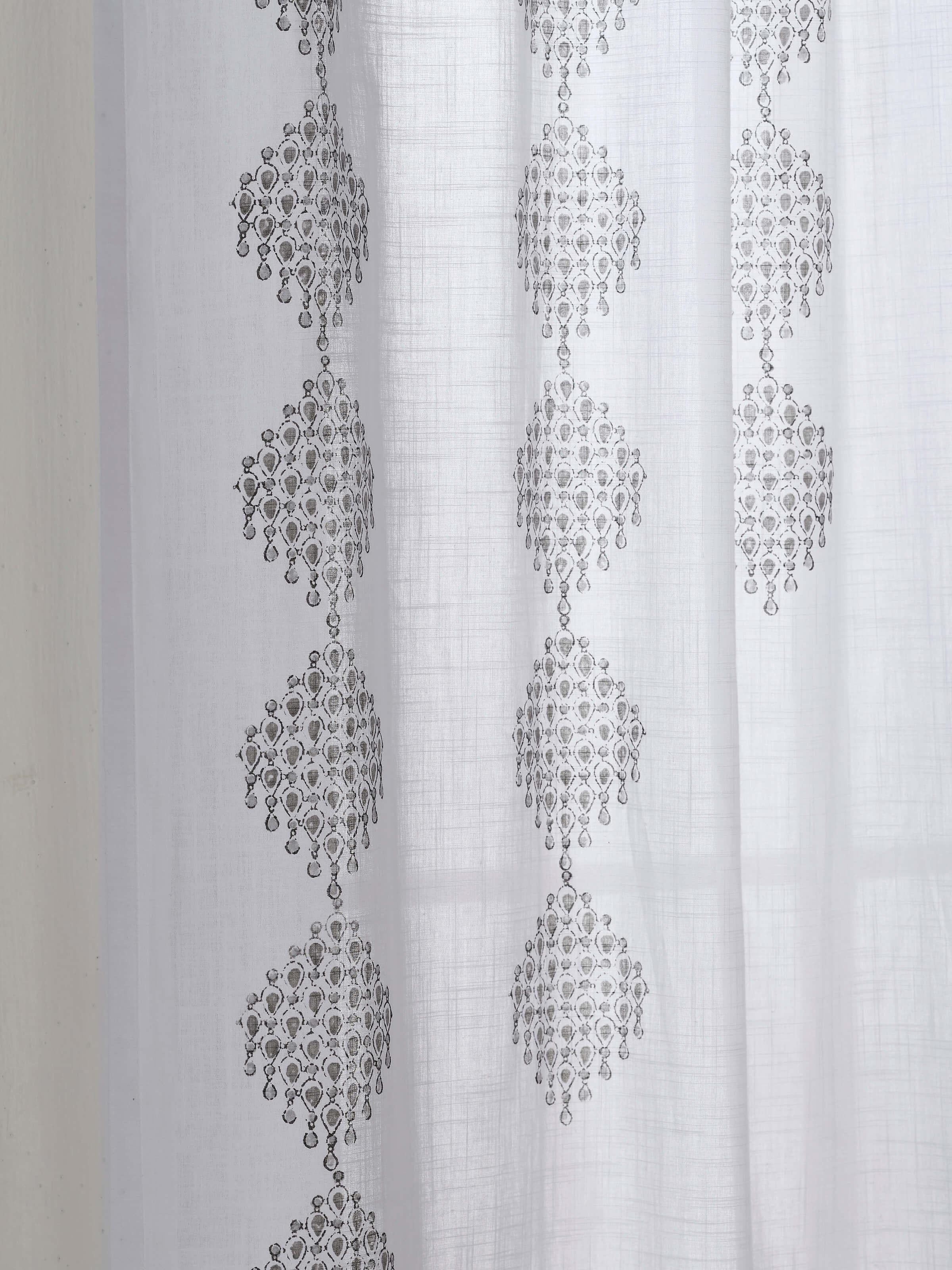 Back view of Rambagh white modern geo diamond cotton Sanganeri block printed curtain (7 ft) showing stitching