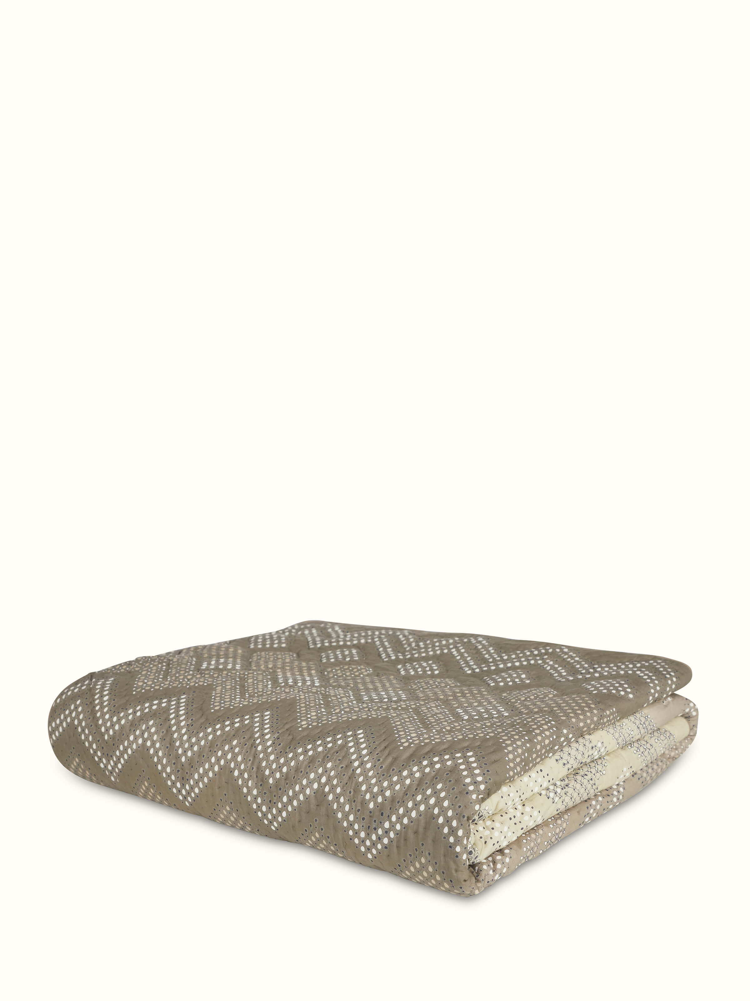 Full view of Rambagh green ombre geo cotton Sanganeri block printed double quilt showcasing the ombre and geo patterns.