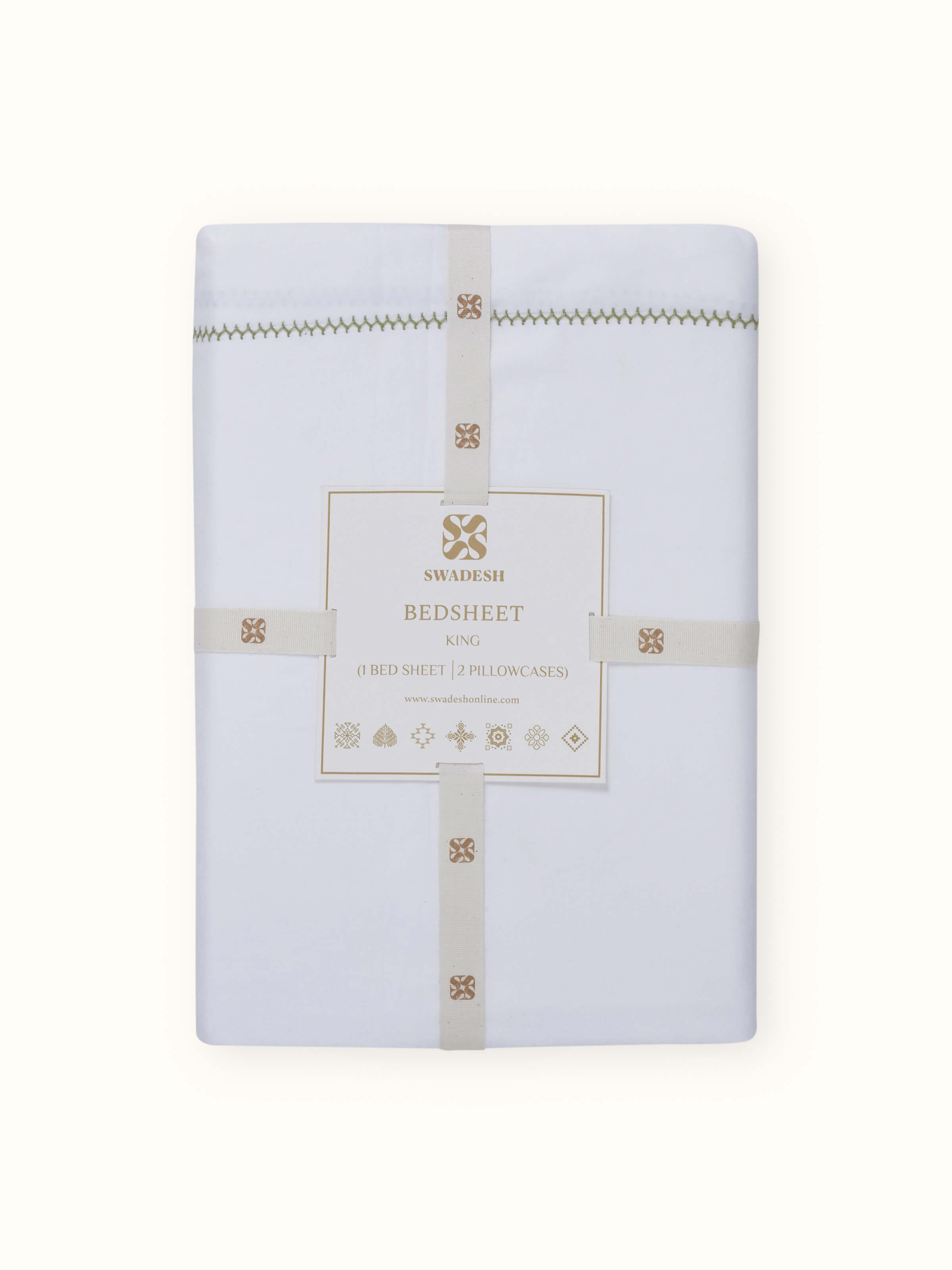 Back view of Rambagh green stripe cotton hand embroidered bedsheet king set (3 pcs) showing the detailed embroidery and design