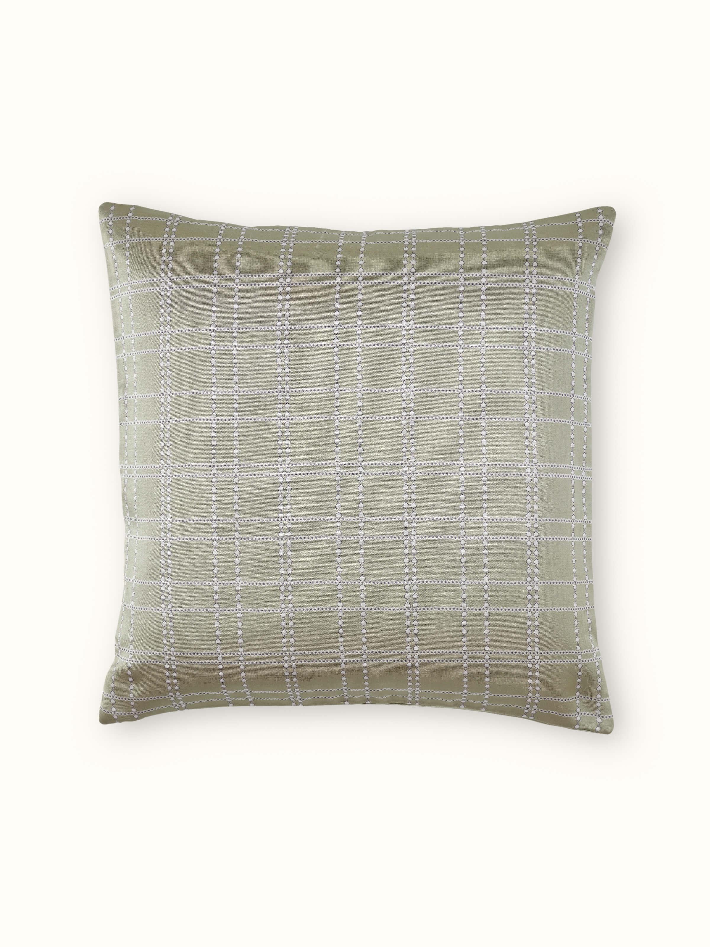 Full view of Rambagh green checkered cotton blend Sanganeri block printed cushion cover showcasing the checkered pattern