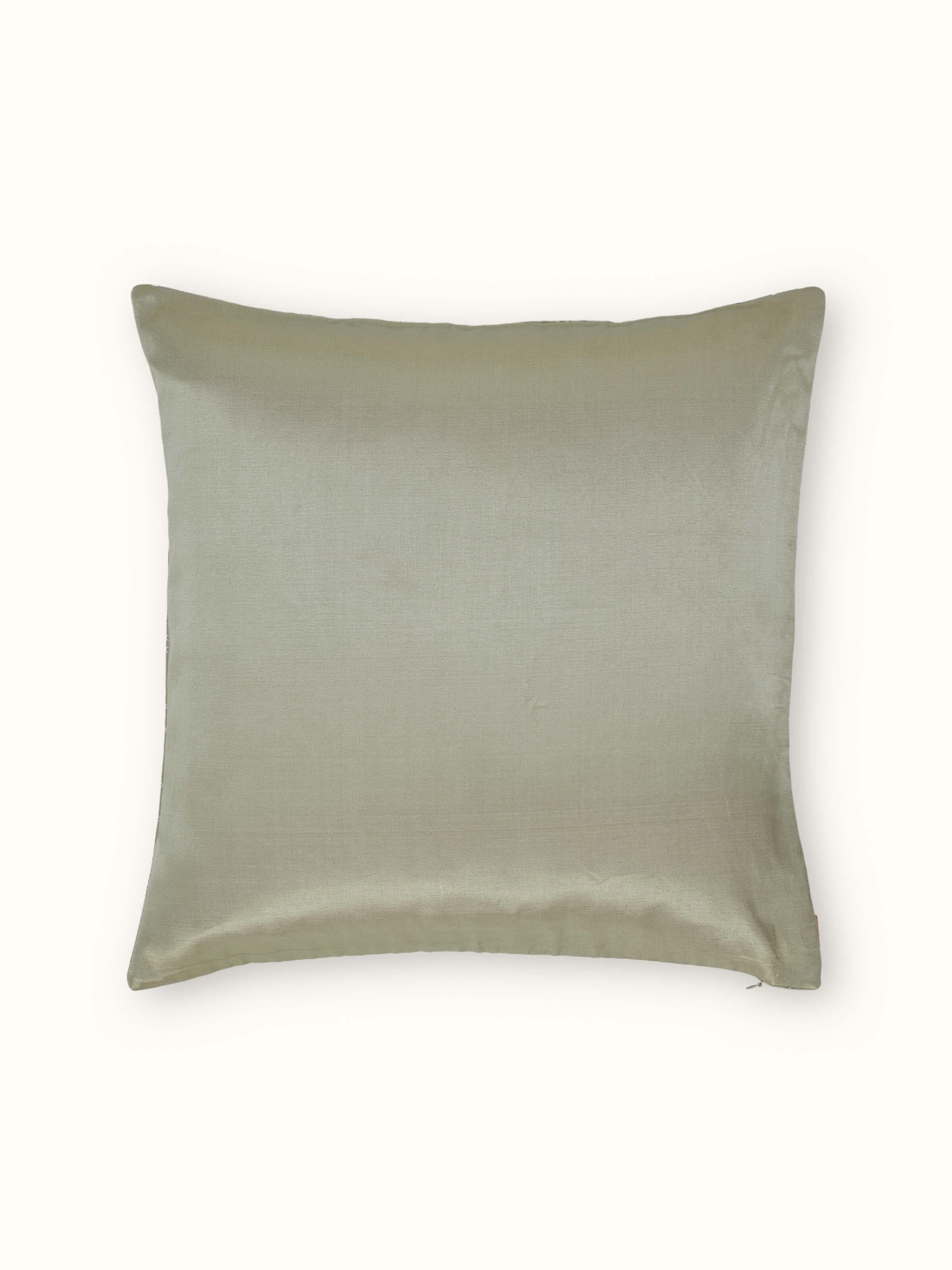 Close-up of Rambagh green checkered cotton blend Sanganeri block printed cushion cover focusing on the checkered pattern
