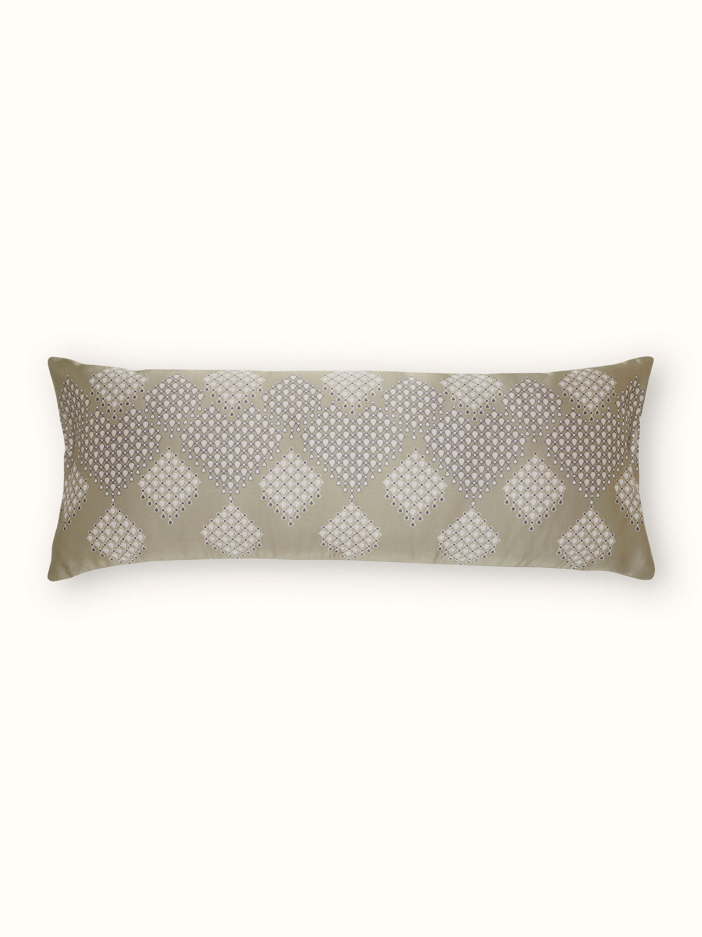 Front view of Rambagh green modern geo viscose cotton Sanganeri block printed cushion cover featuring a modern geometric design.