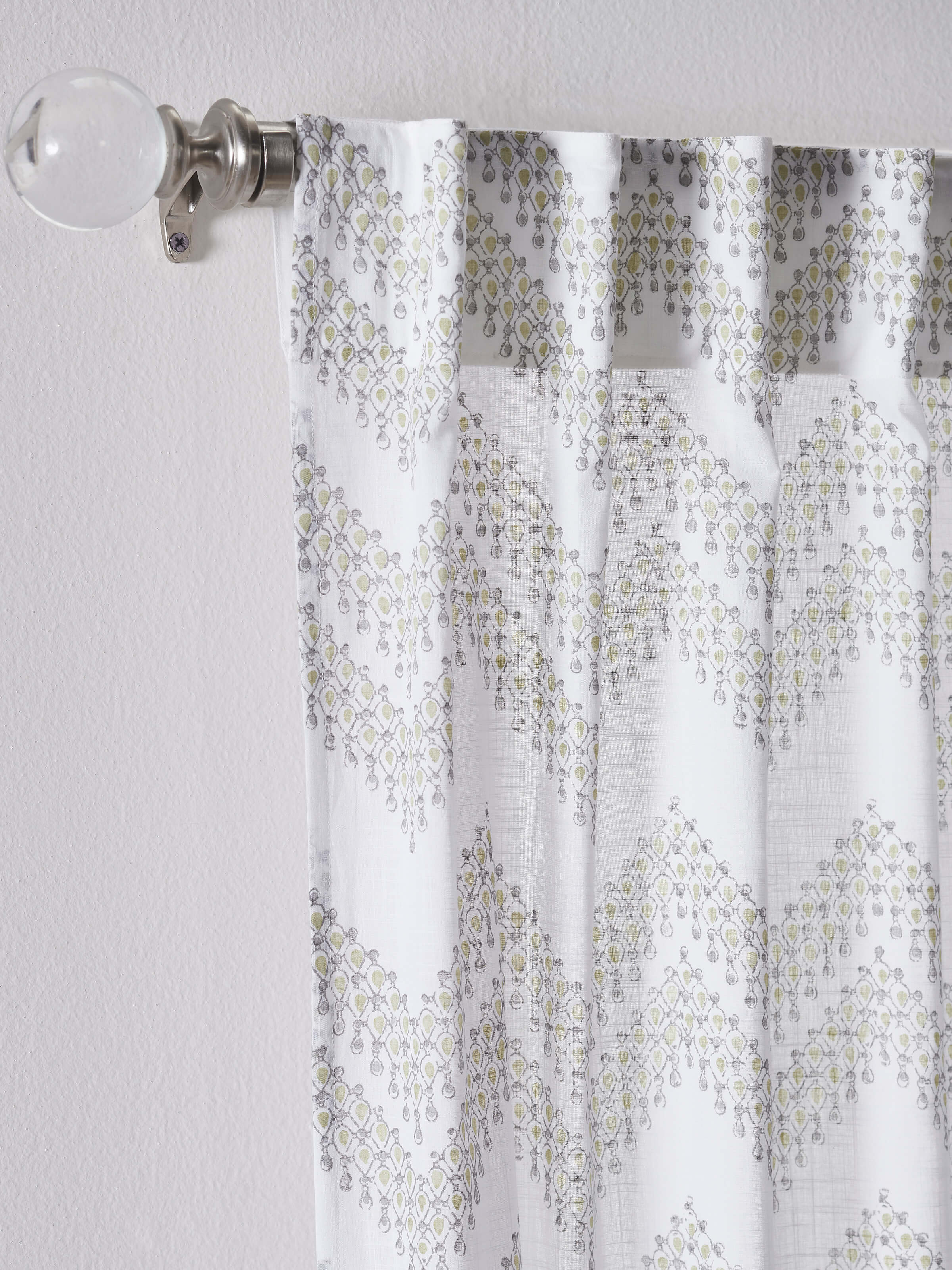 Full view of Rambagh White Modern Geo Cotton Sanganeri Block Printed Curtain (9 ft), featuring a modern geometric design.