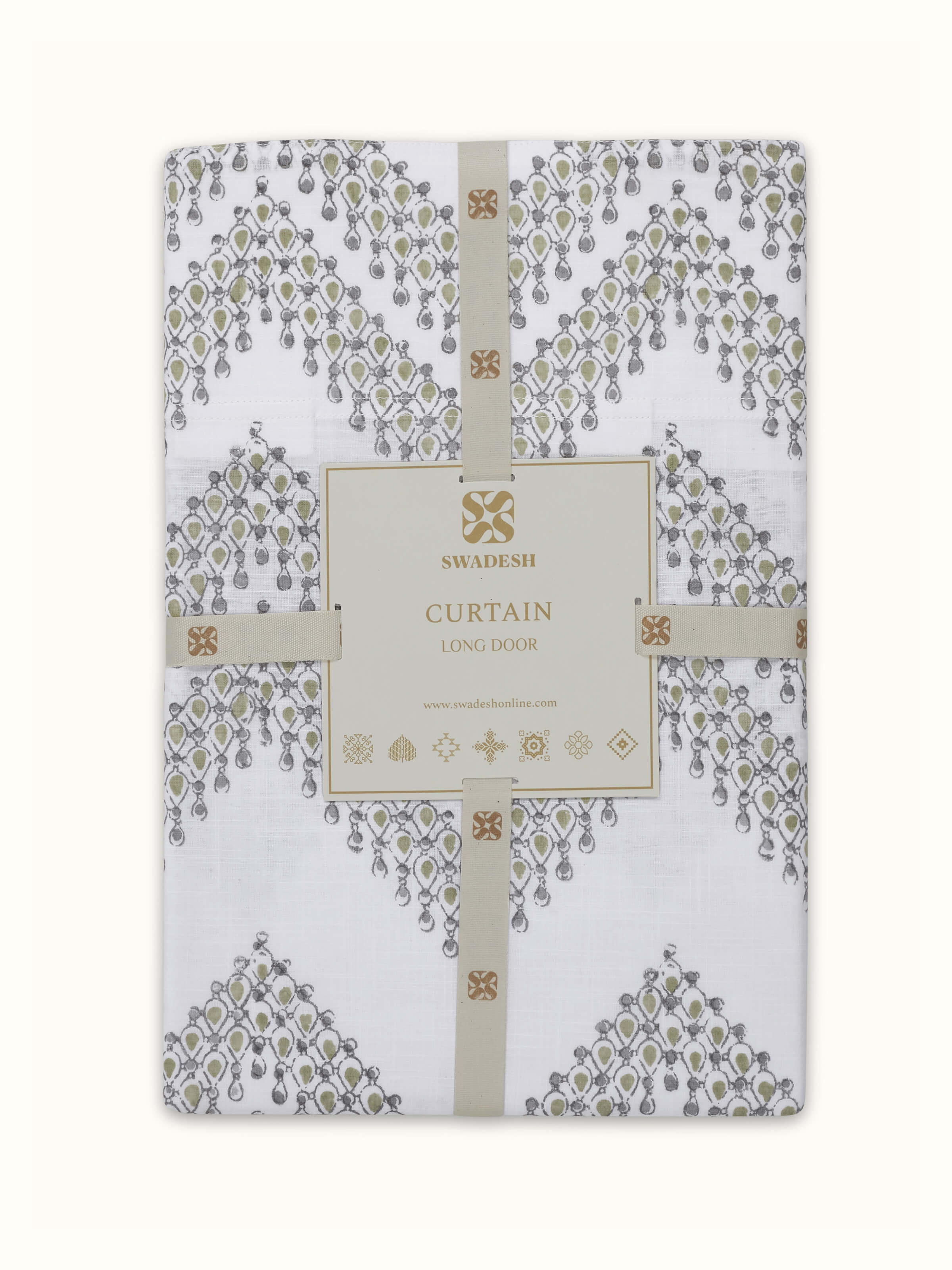 Detailed view of Rambagh White Modern Geo Cotton Sanganeri Block Printed Curtain (9 ft), highlighting the intricate print and fabric.