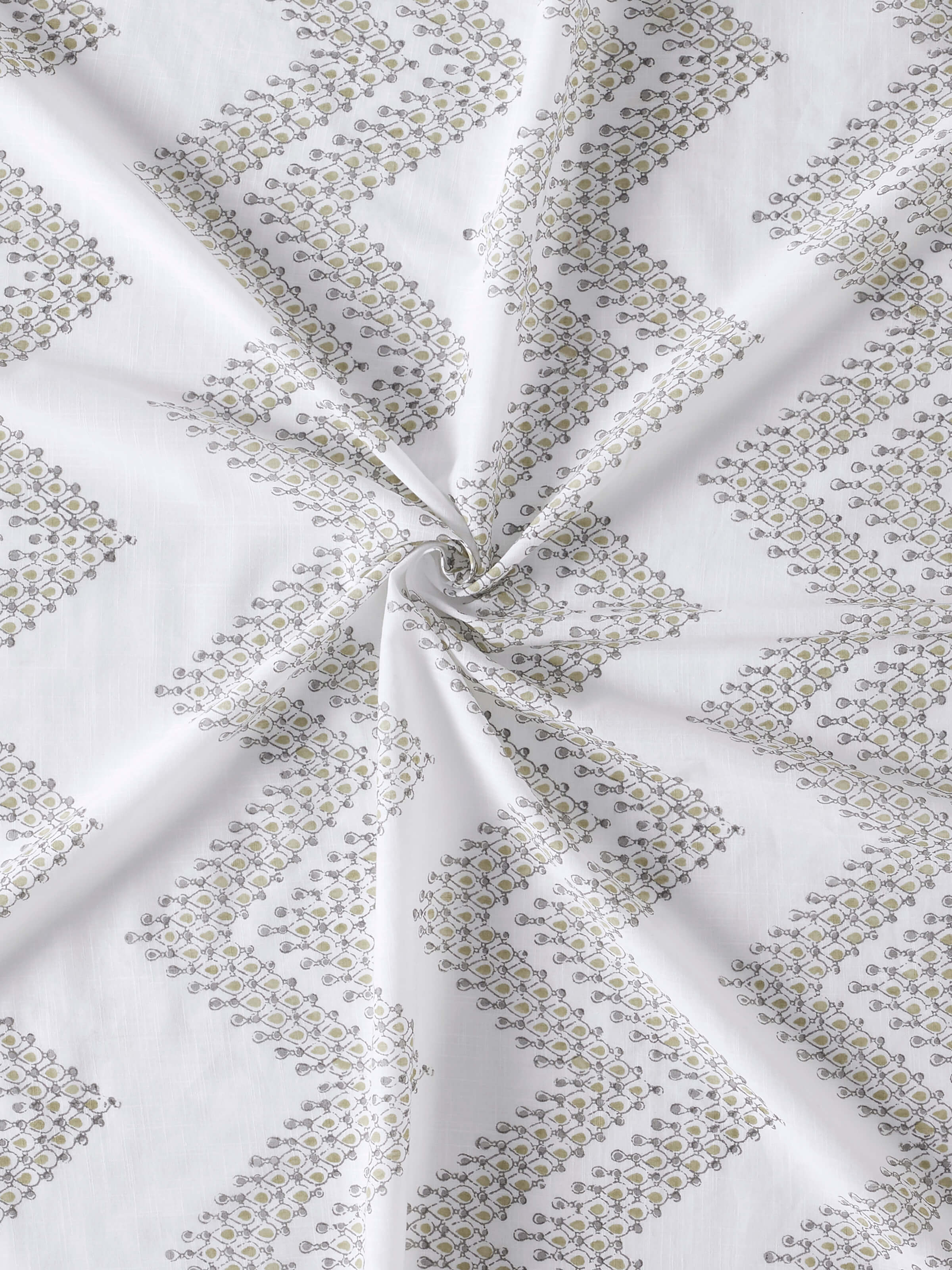 Full view of Rambagh White Modern Geo Cotton Sanganeri Block Printed Curtain (9 ft), demonstrating the full length and pattern of the curtain.