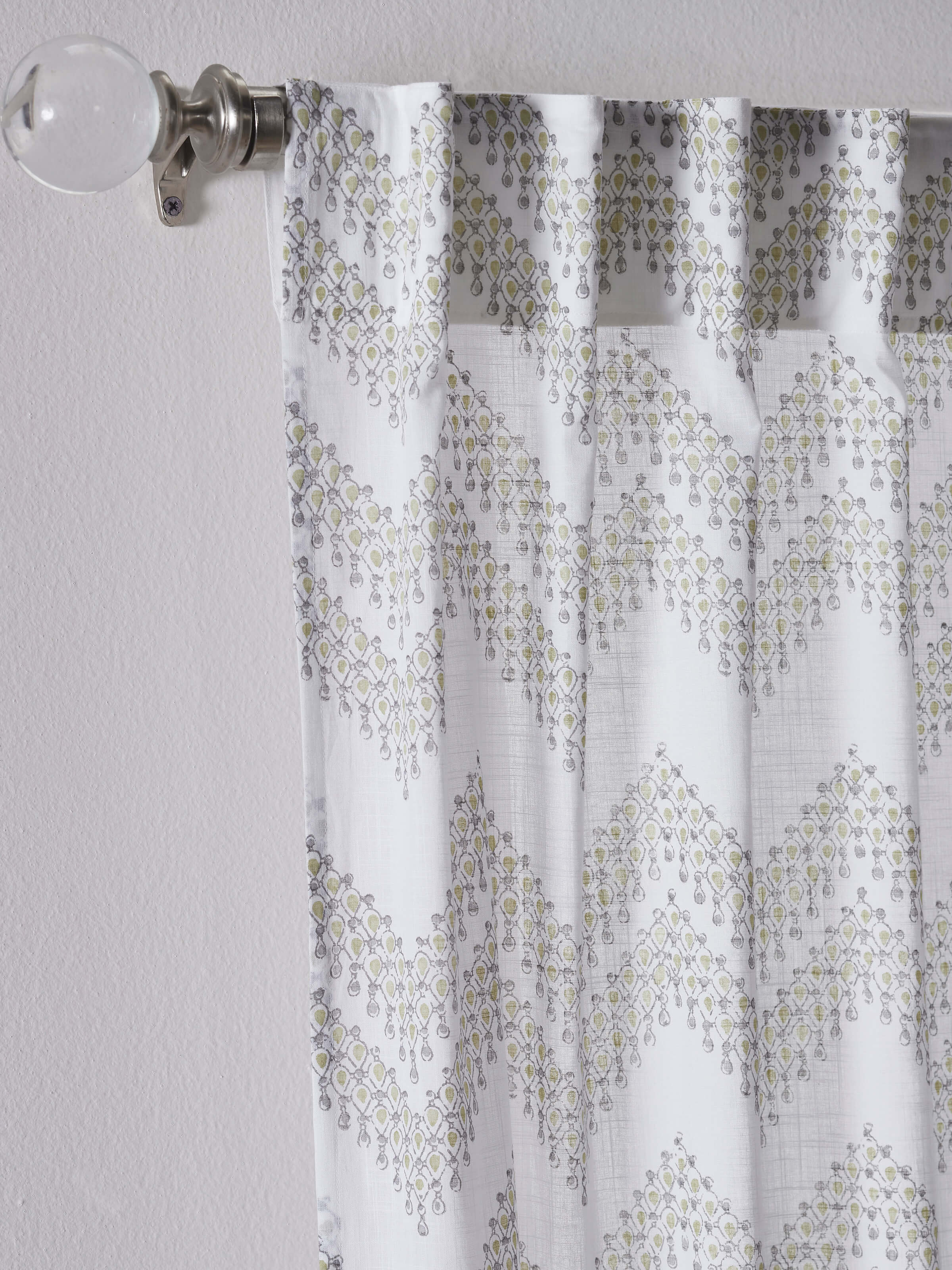 Rambagh white modern geo cotton Sanganeri block printed curtain (7 ft), showcasing the geometric pattern design