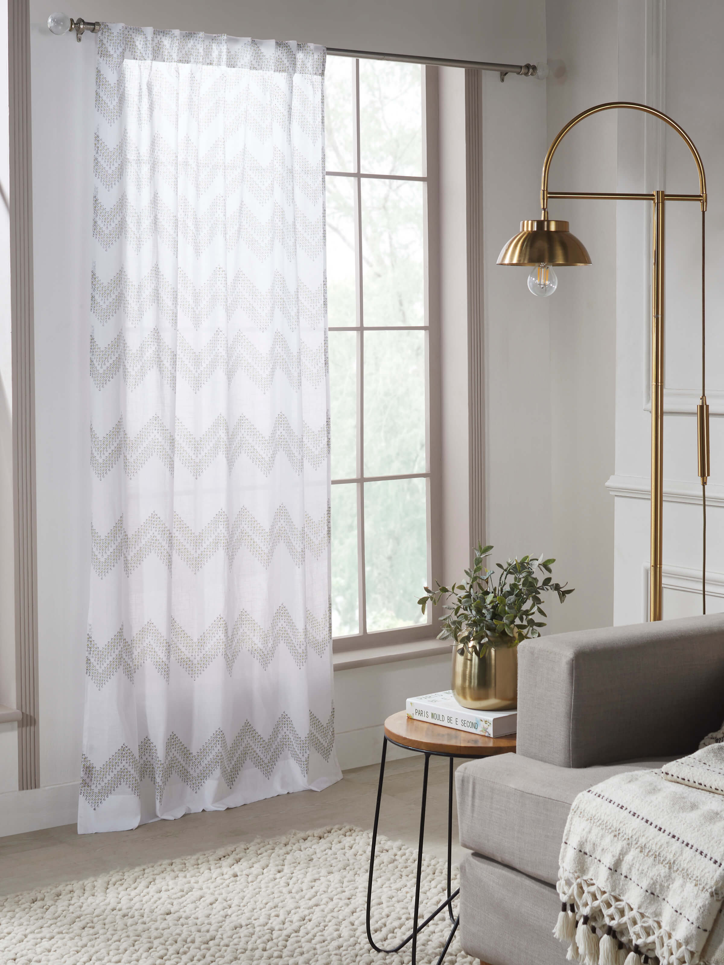 Close-up view of Rambagh white modern geo cotton Sanganeri block printed curtain, highlighting the fabric texture