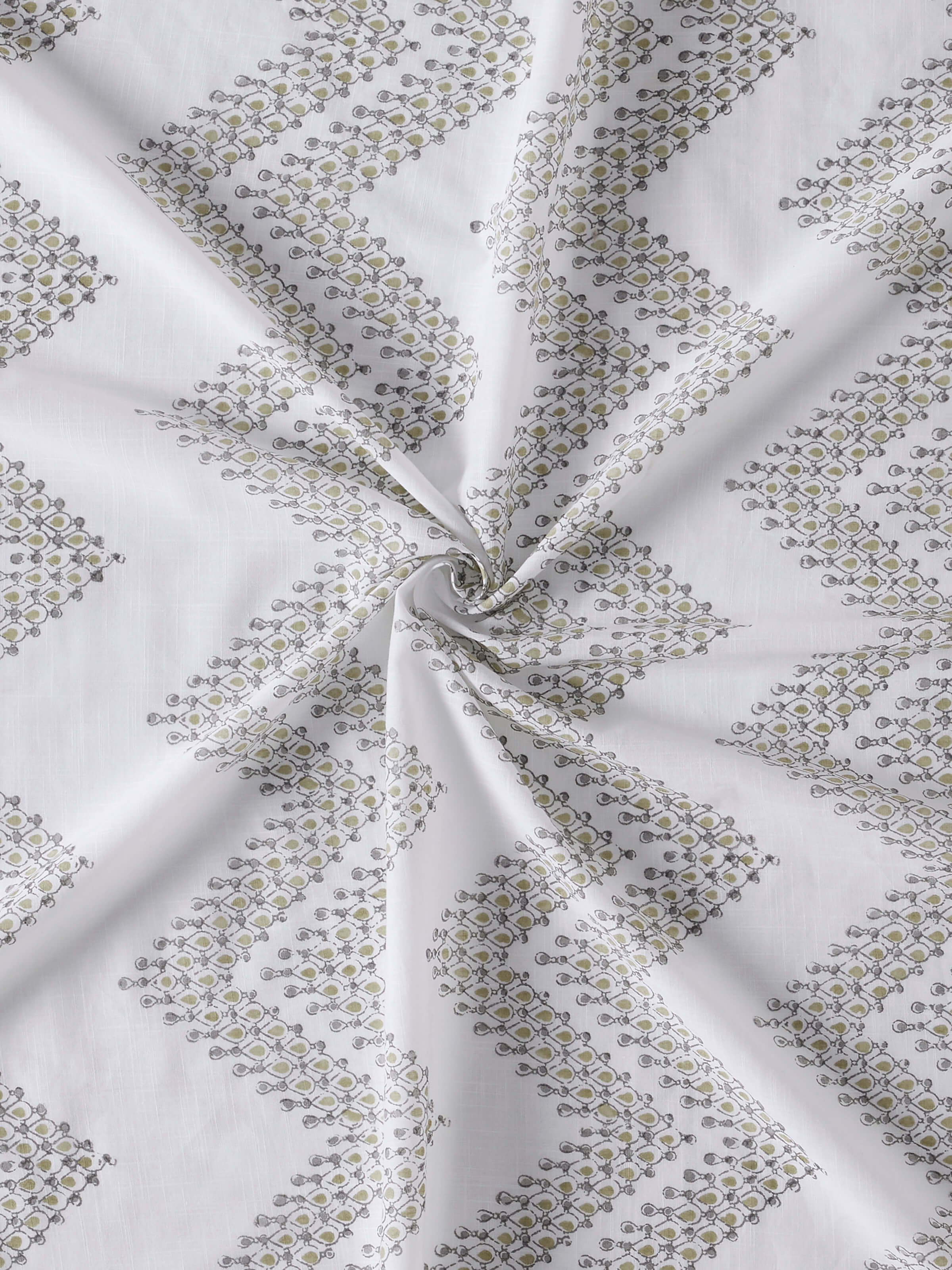 Rambagh white modern geo cotton Sanganeri block printed curtain (7 ft) draped, showing the curtain’s fall and design