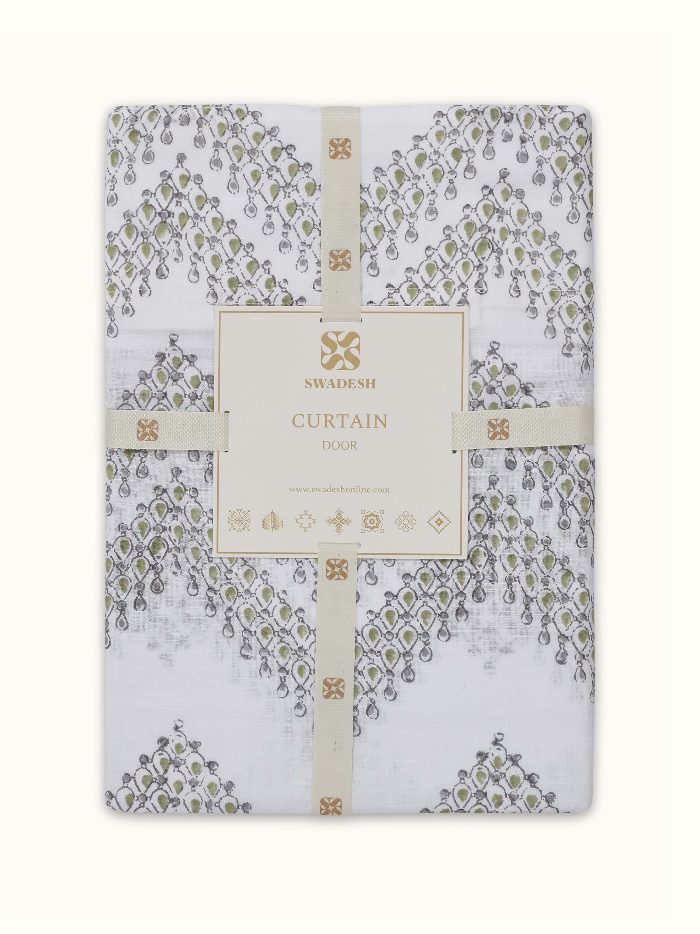 Detailed view of Rambagh white modern geo cotton Sanganeri block printed curtain, focusing on the geometric print