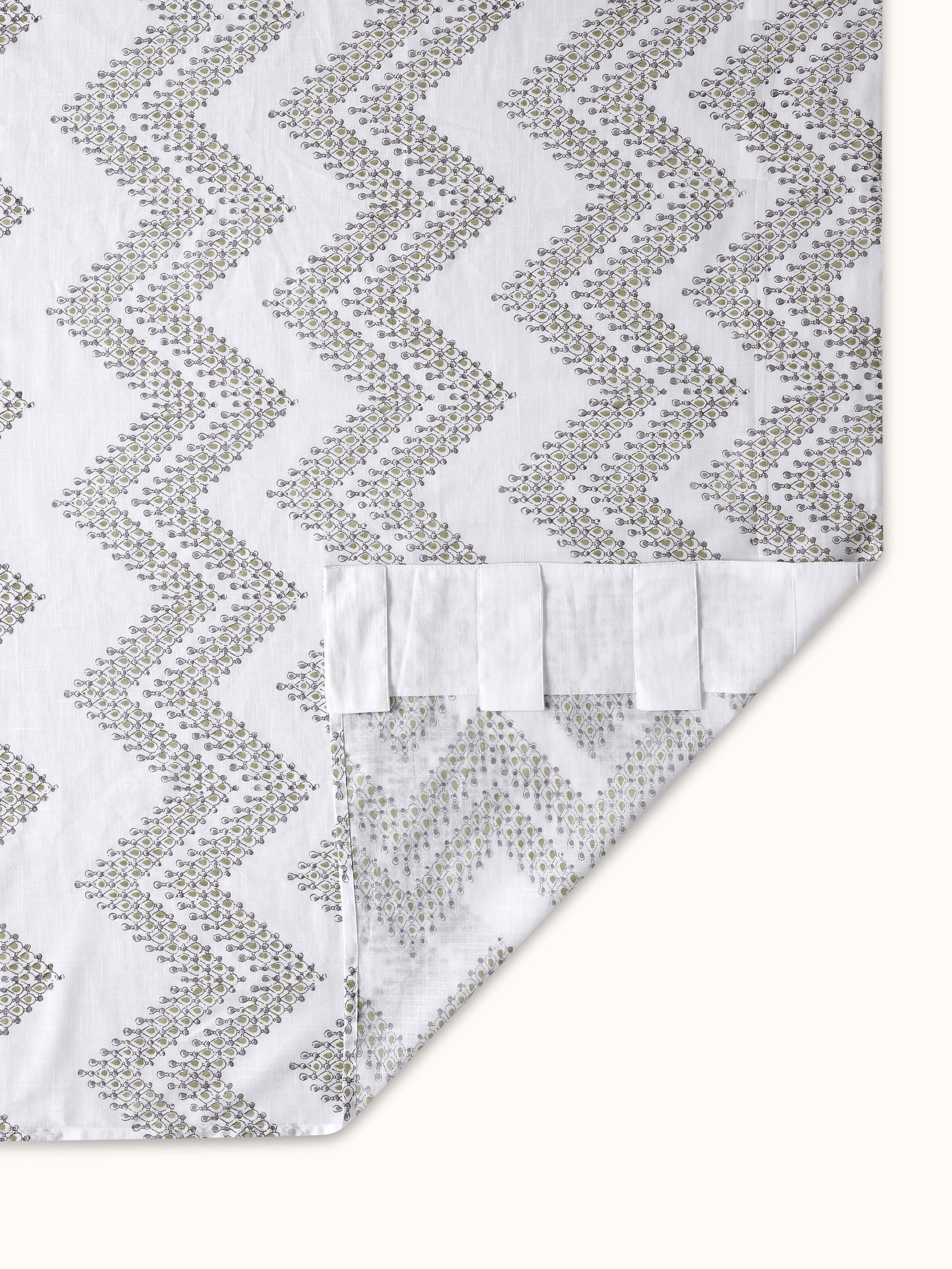 Overview of Rambagh white modern geo cotton Sanganeri block printed curtain (7 ft), highlighting its modern geometric style