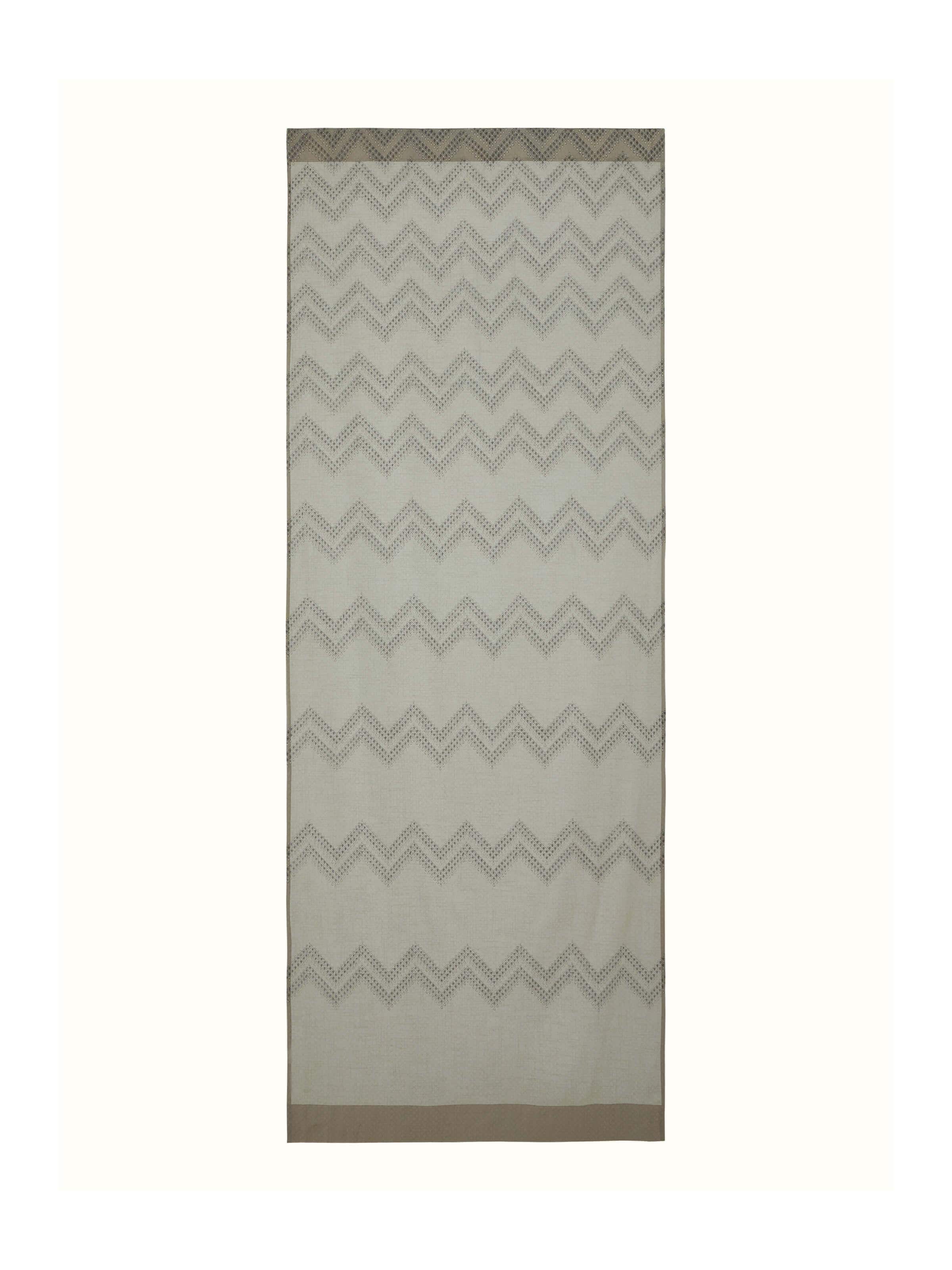 Full view of Rambagh Light Green Modern Geo Chevron Cotton Sanganeri Block Printed Curtain (9 ft), showcasing the curtain's design and length.