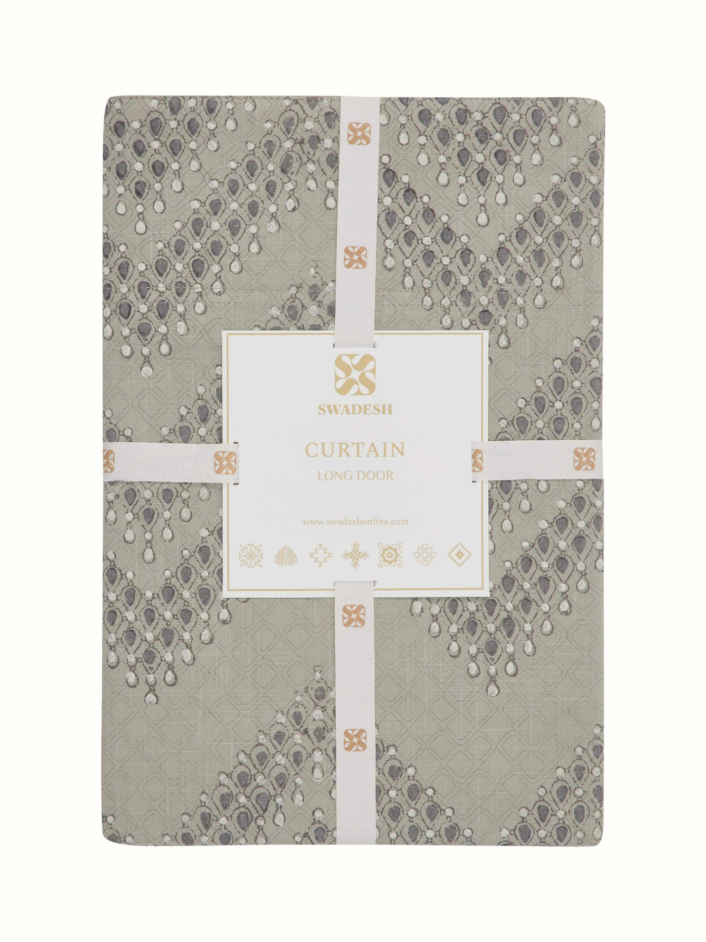 Detailed view of Rambagh Light Green Modern Geo Chevron Cotton Sanganeri Block Printed Curtain (9 ft), showing the pattern and fabric.