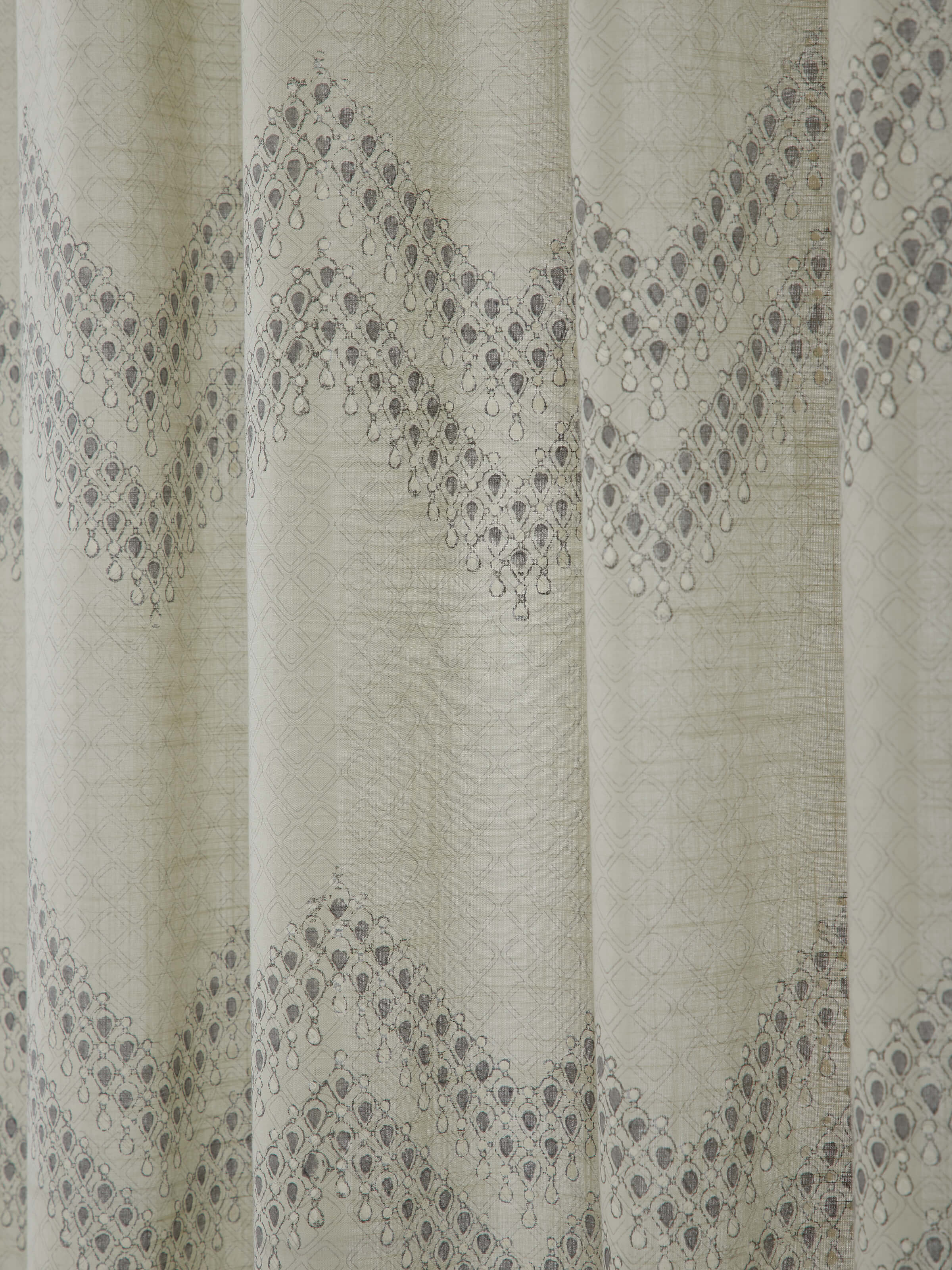 Close-up of Rambagh light green modern geo chevron cotton Sanganeri block printed curtain (7 ft) showing chevron pattern details