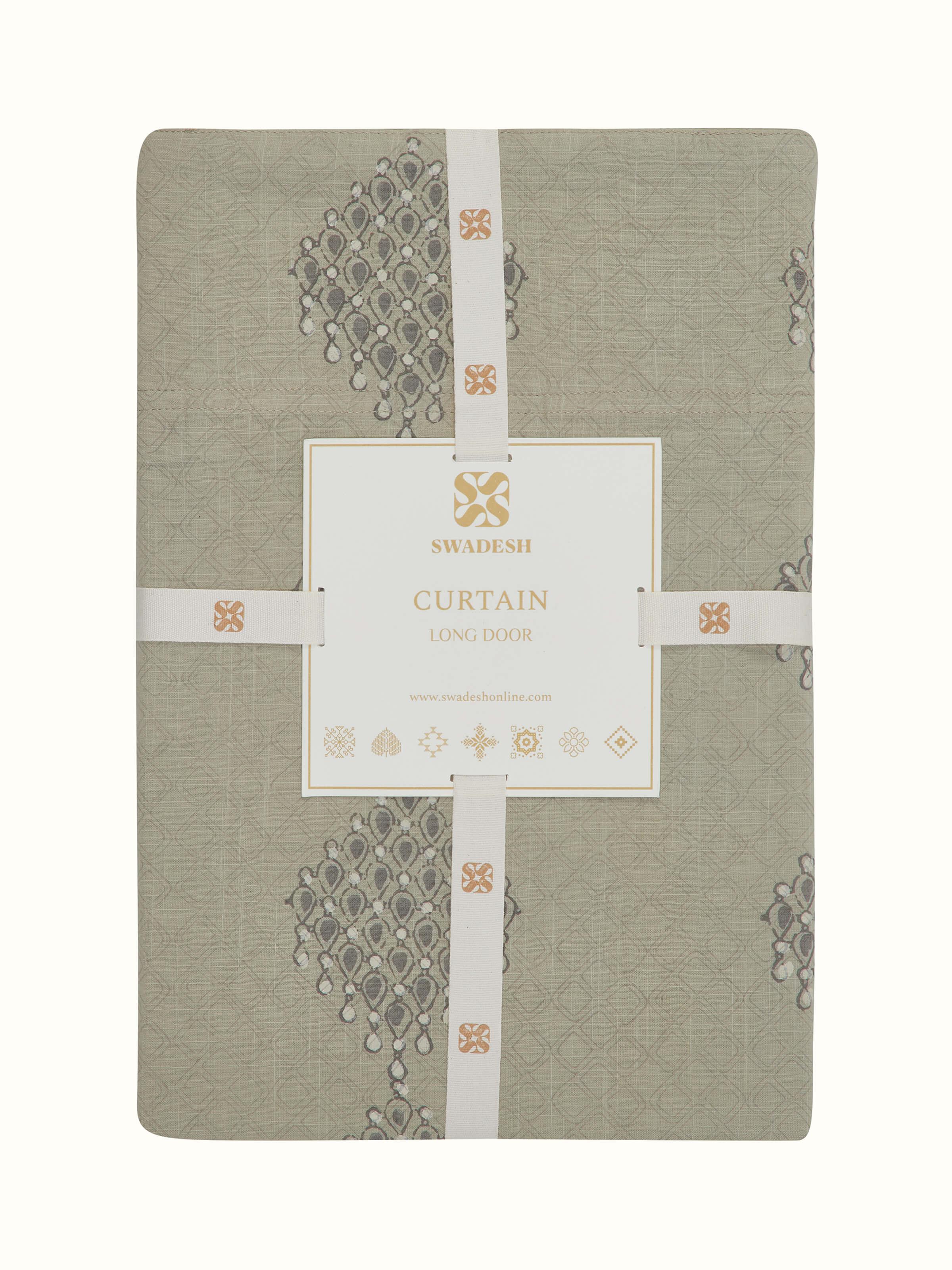 Full view of Rambagh Light Green Modern Geo Diamond Cotton Sanganeri Block Printed Curtain displaying its length and design.