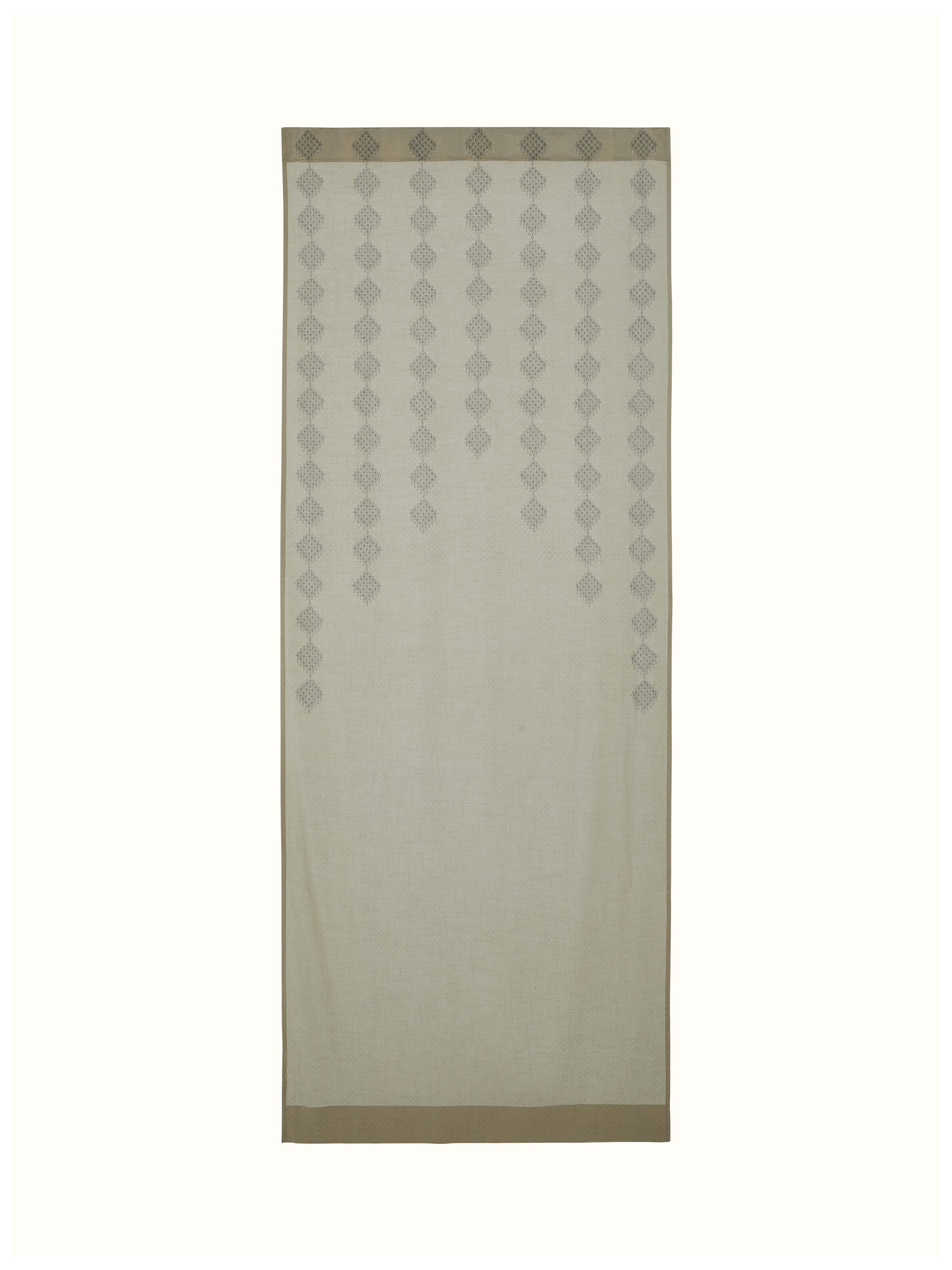 Full view of Rambagh light green modern geo diamond cotton Sanganeri block printed curtain (7 ft) displaying the geometric diamond pattern