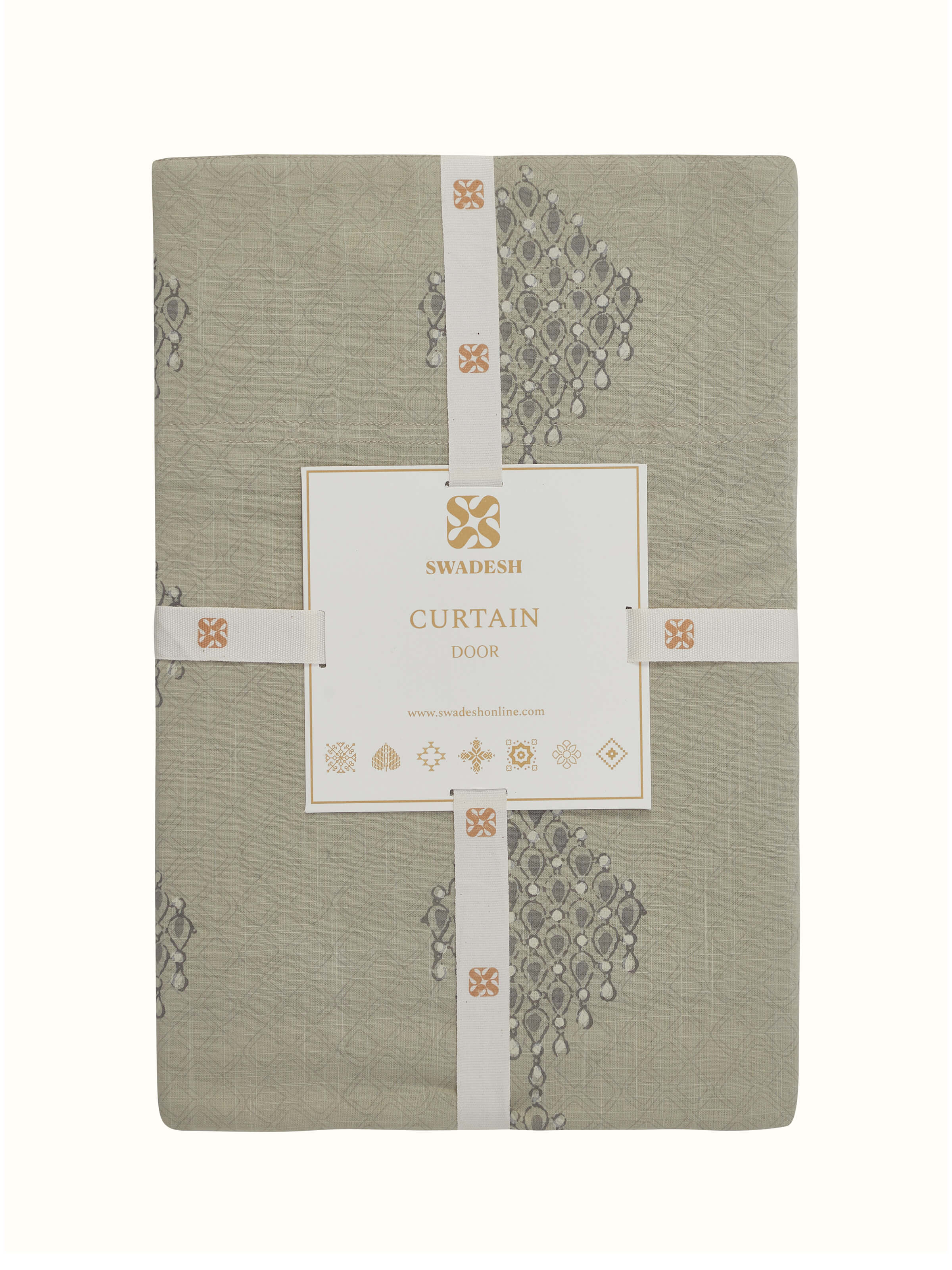 Detailed view of Rambagh light green modern geo diamond cotton Sanganeri block printed curtain (7 ft) focusing on the curtain’s pattern and texture