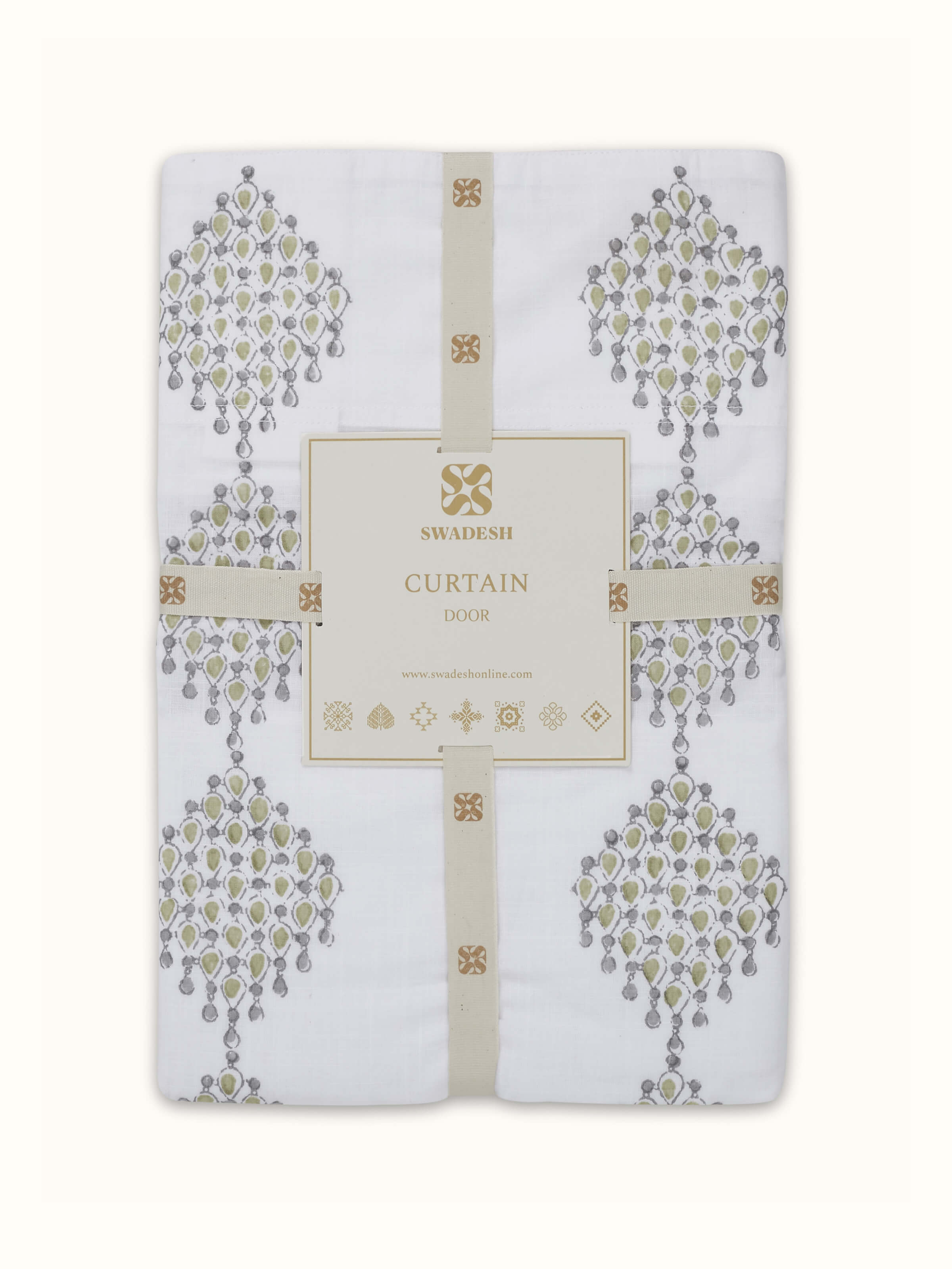 Rambagh white and green geo cotton curtain, featuring the elegant design and fabric texture