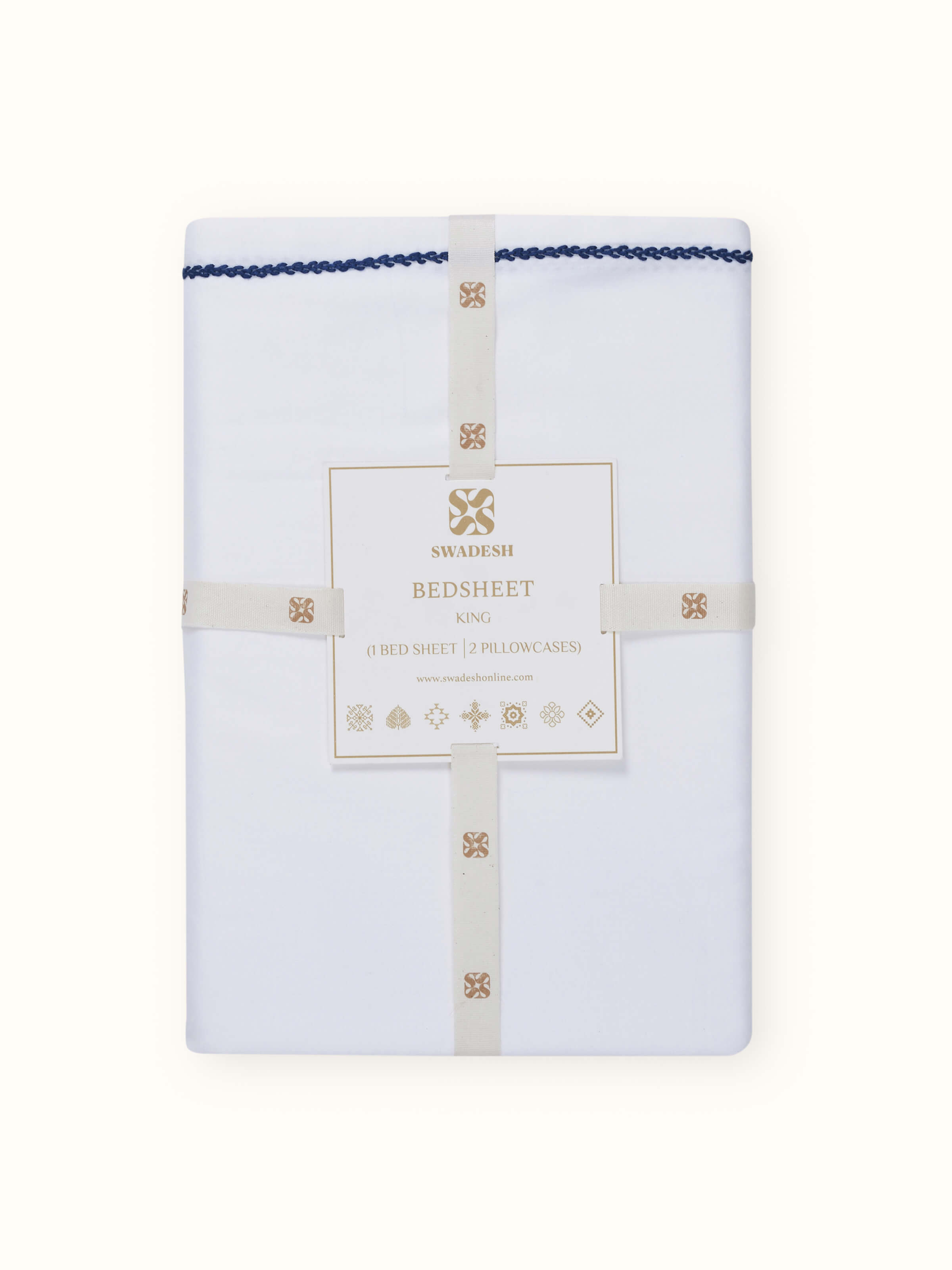 Full view of Shivranjini blue stripe cotton hand embroidered bedsheet king set (3 pcs) on a bed, showing the complete look.