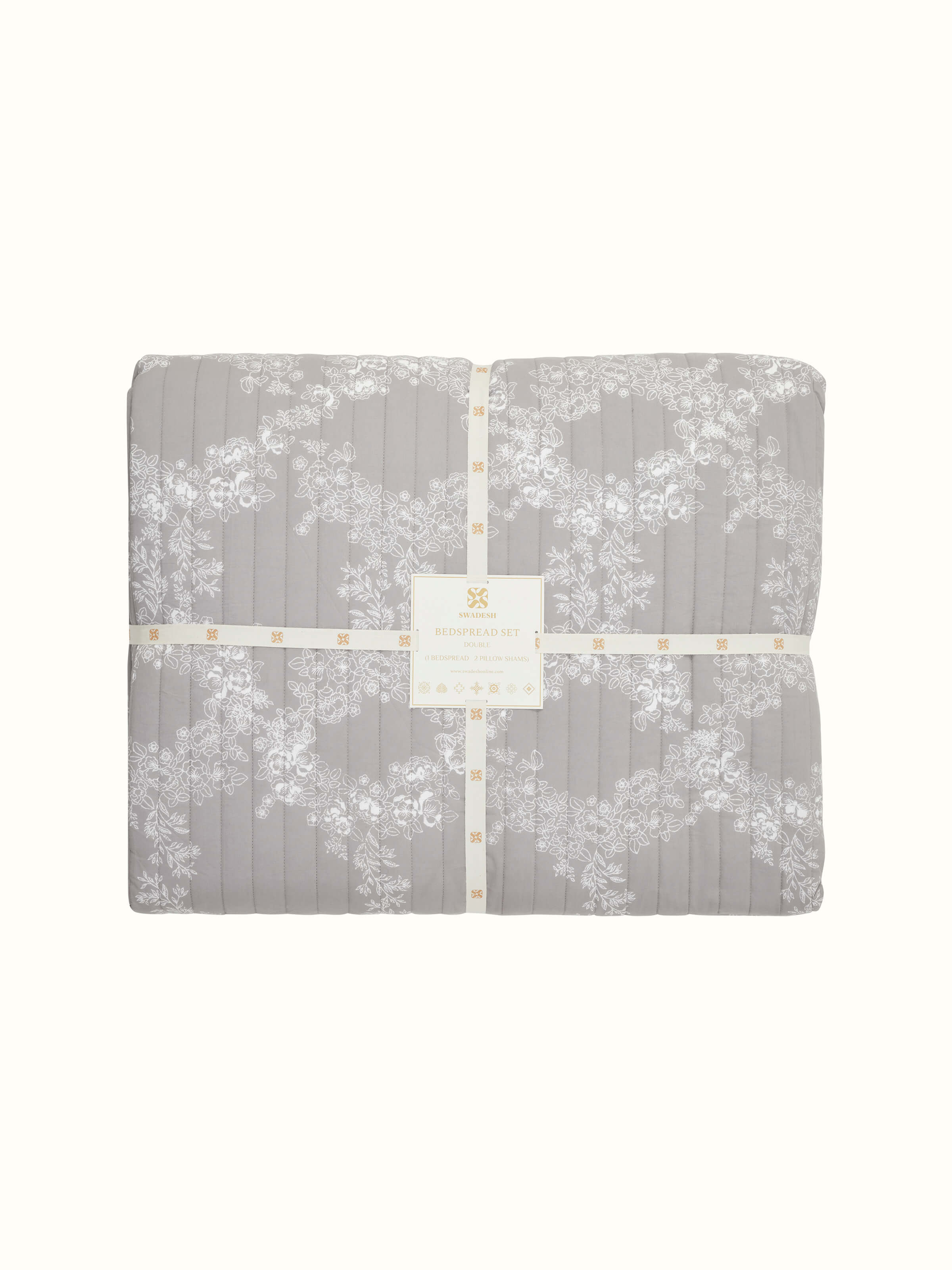 Shivranjini grey trellis cotton Sanganeri block printed double bedspread set (3 pcs) with pattern focus.