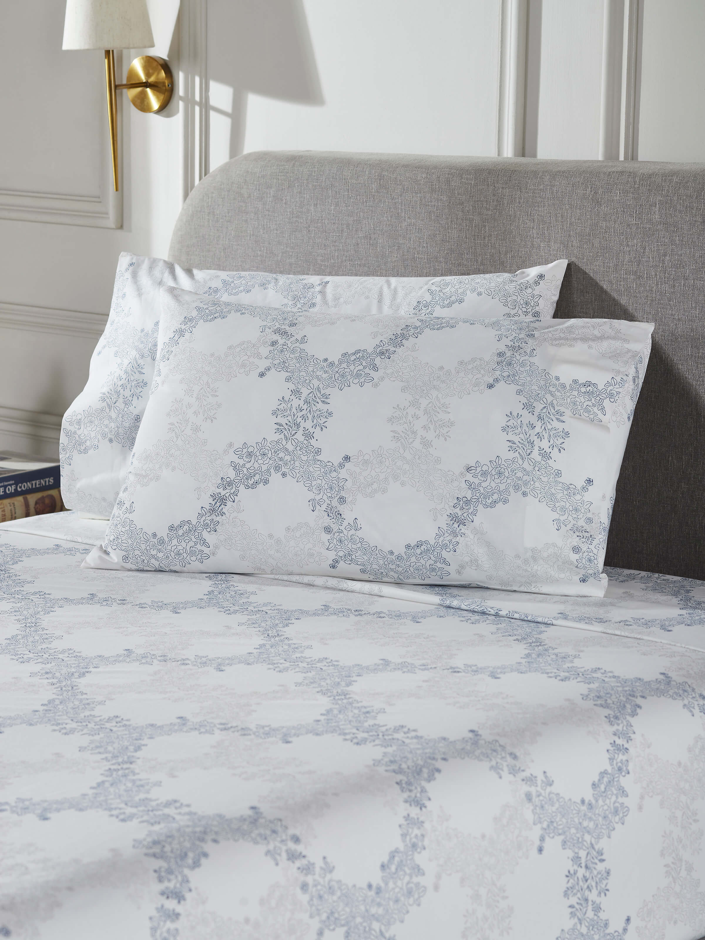 Close-up of Shivranjini grey trellis cotton Sanganeri block printed king bedsheet set (3 pcs) focusing on the block print design and fabric texture