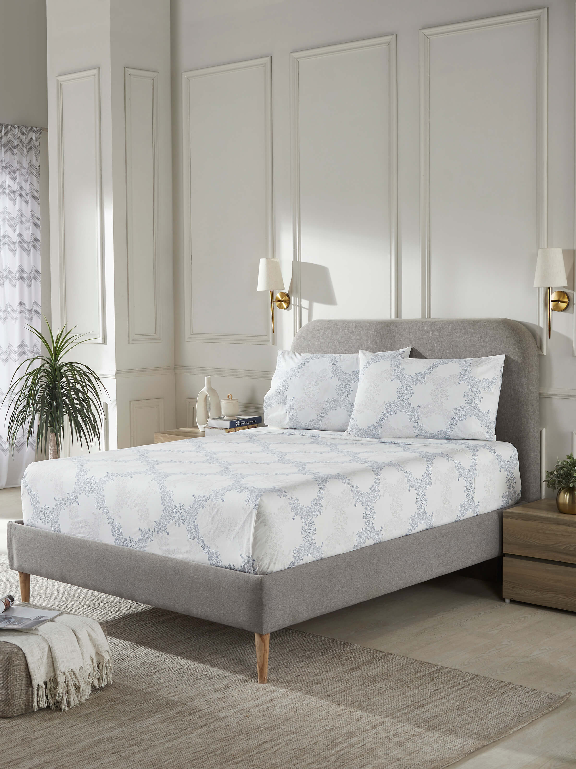 Detailed view of Shivranjini grey trellis cotton Sanganeri block printed king bedsheet set (3 pcs) emphasizing the trellis block print