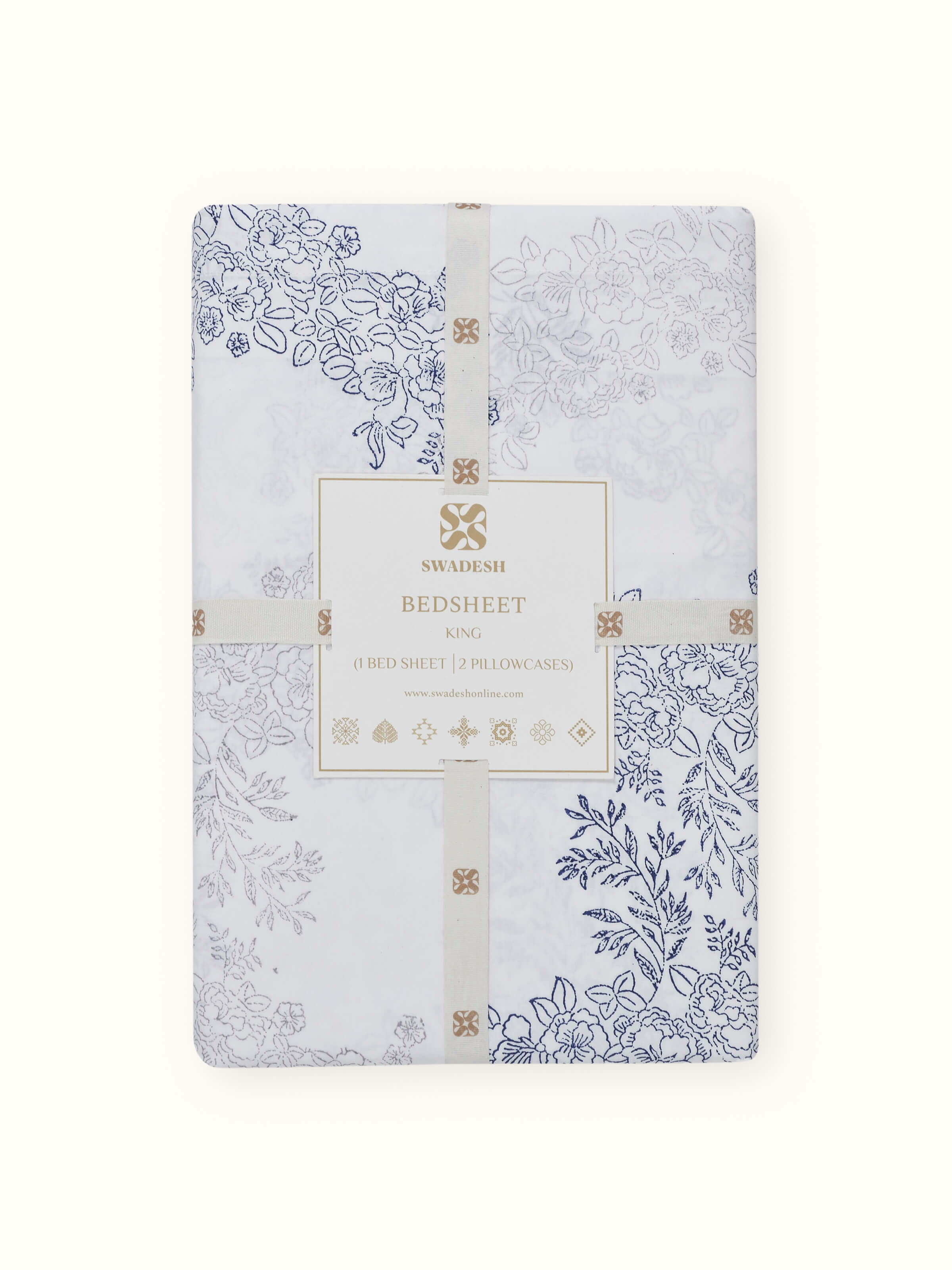 Full view of Shivranjini grey trellis cotton Sanganeri block printed king bedsheet set (3 pcs) with the bedsheet spread on a bed