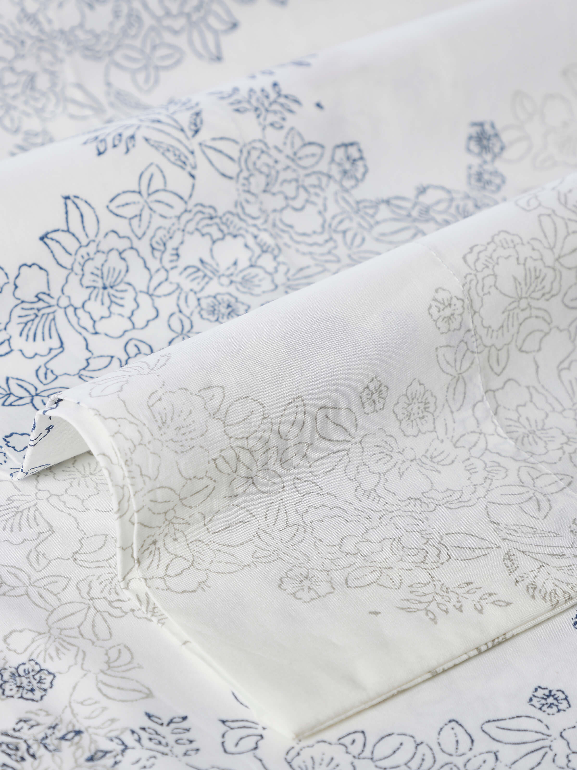 Close-up of Shivranjini grey trellis cotton Sanganeri block printed king bedsheet set (3 pcs) showing the intricate block print details