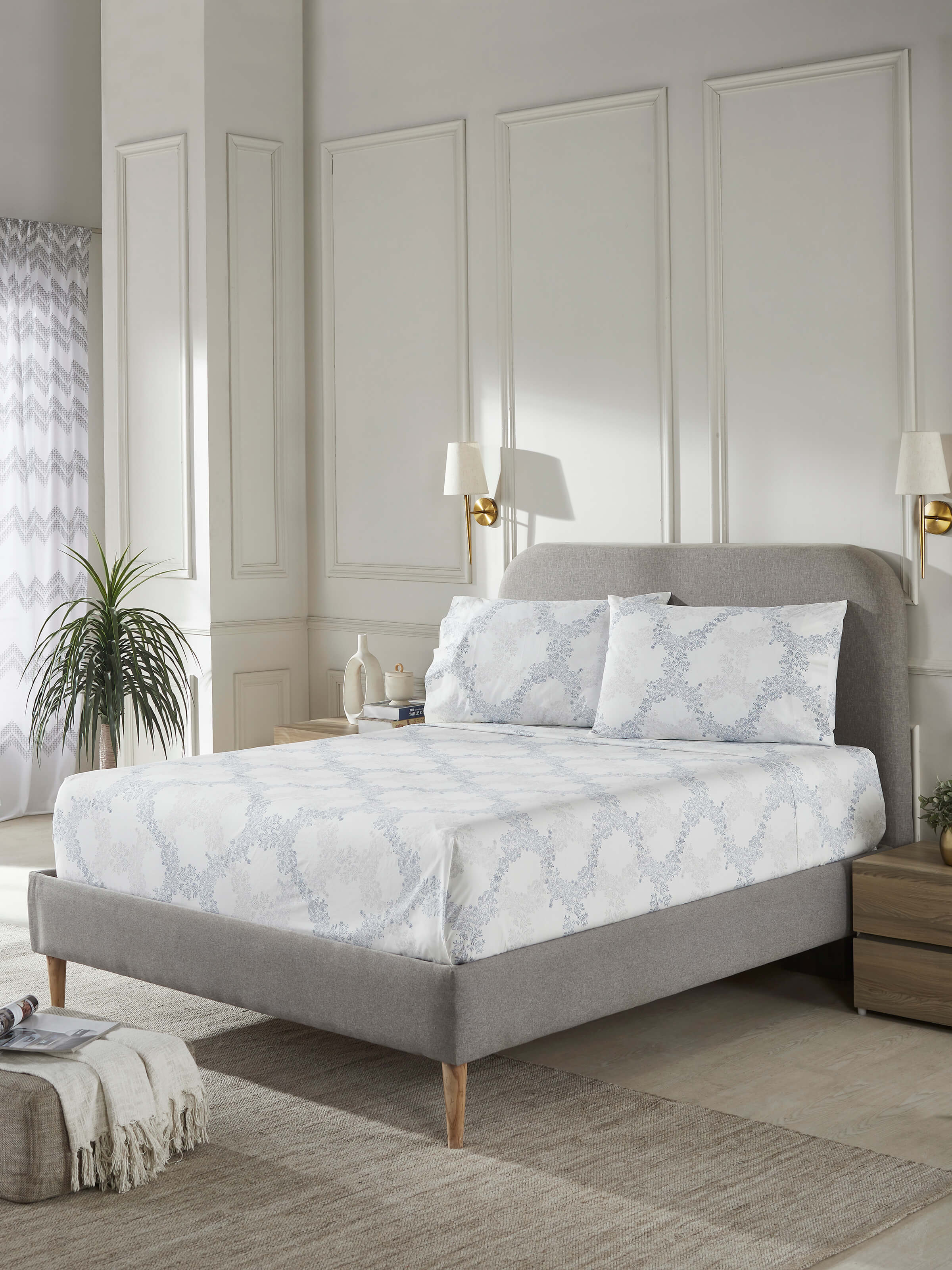 View of Shivranjini grey trellis cotton Sanganeri block printed queen bedsheet set, showcasing the full bedsheet with coordinated pillow covers