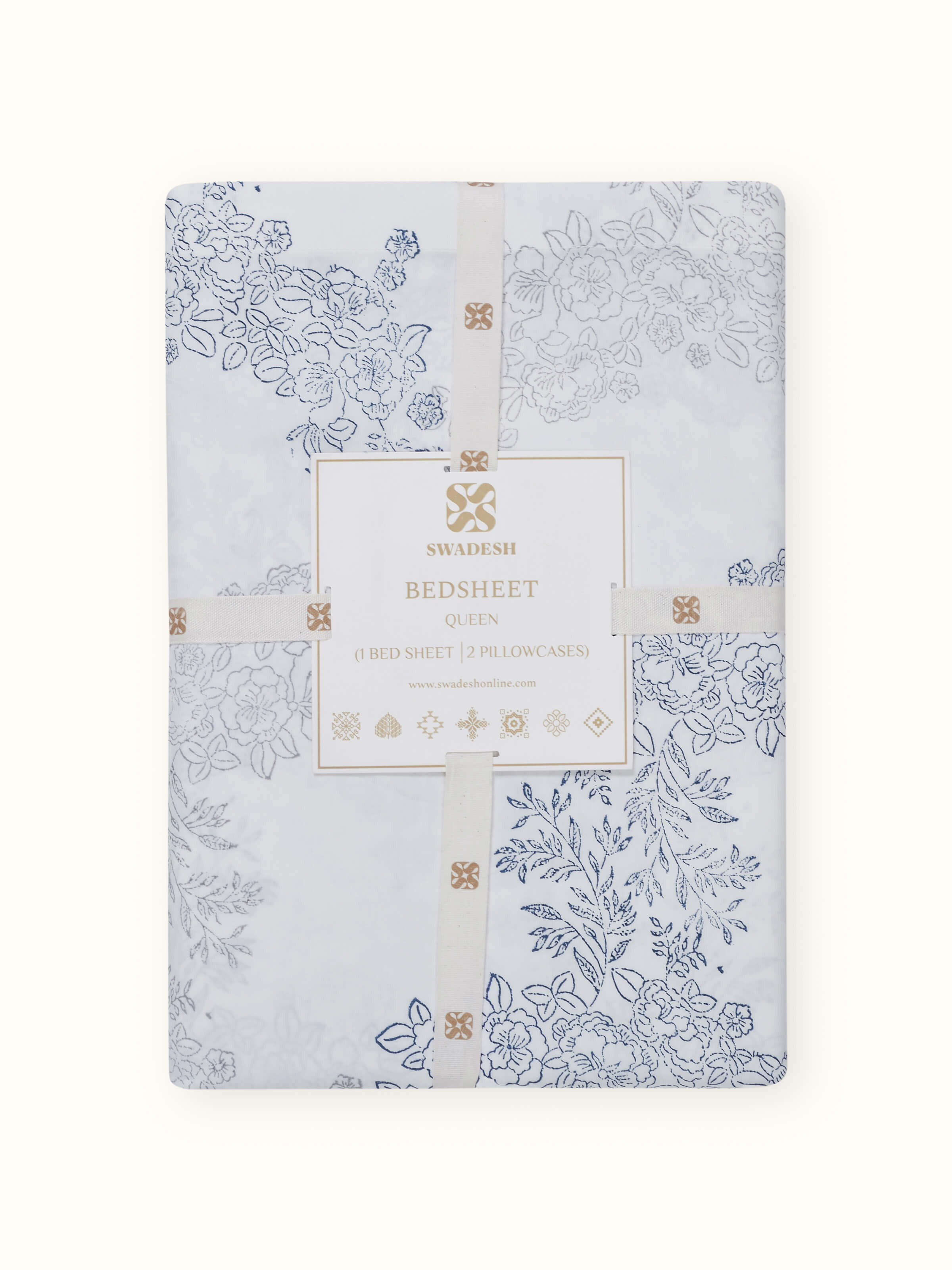 Angled view of Shivranjini grey trellis cotton Sanganeri block printed queen bedsheet set, emphasizing the fabric’s softness and the detailed block print design