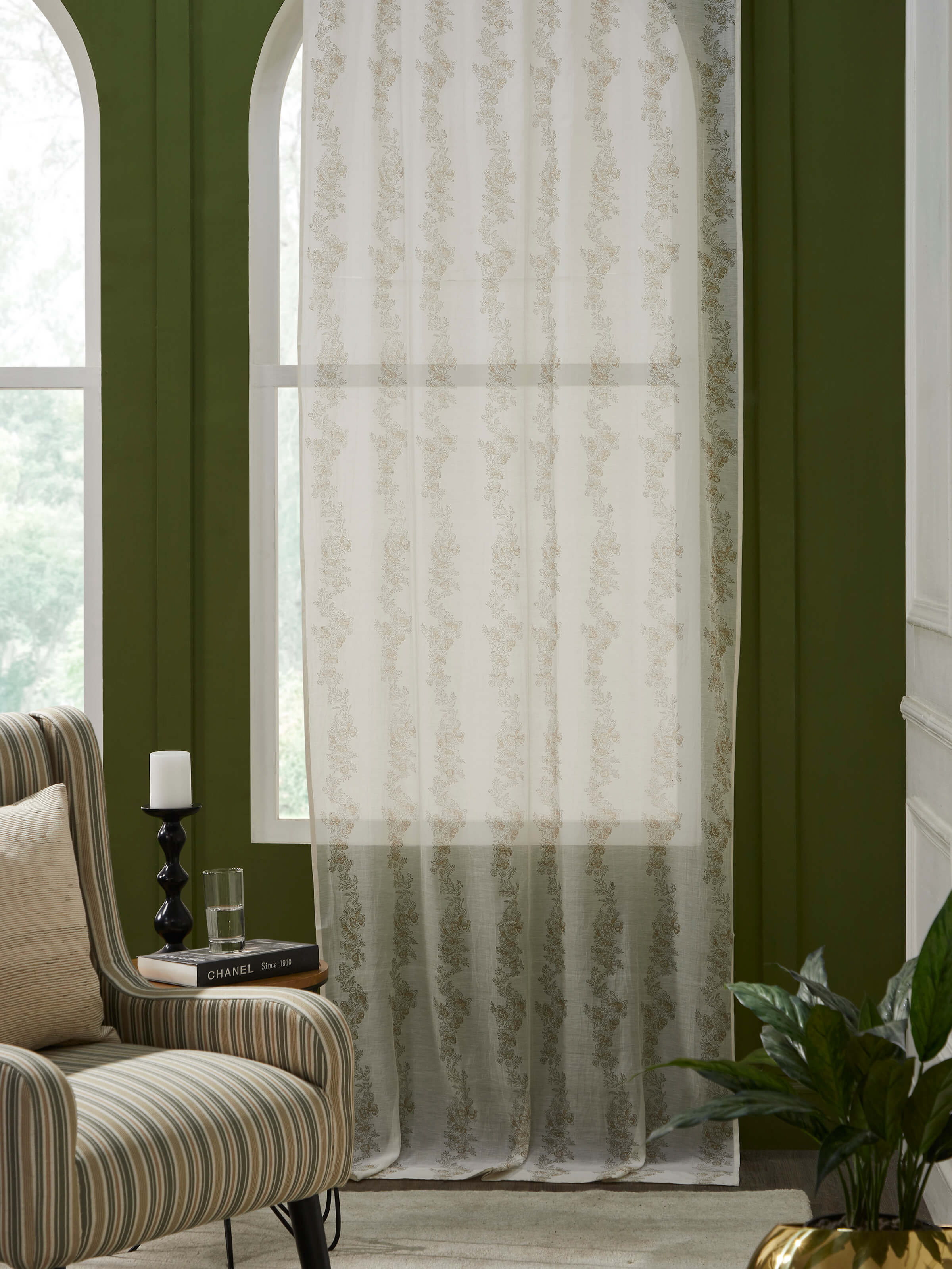 Side view of Shivranjini white floral stripe cotton silk Sanganeri block printed curtain (9 ft) showcasing the block printed floral stripe design.