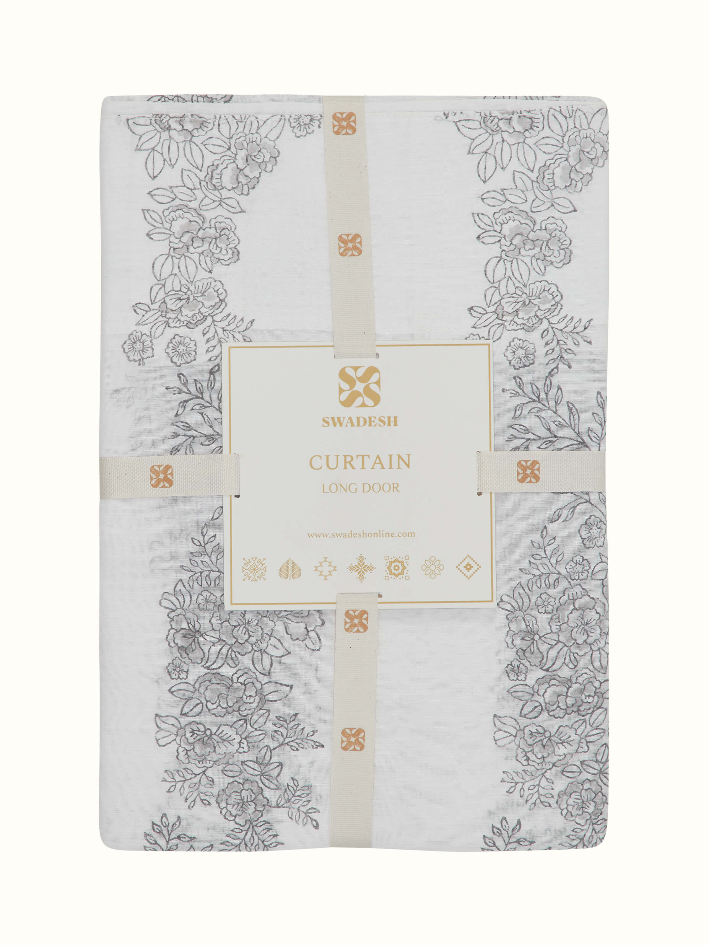 Folded view of Shivranjini white floral stripe cotton silk Sanganeri block printed curtain (9 ft) displaying its design and fabric texture.