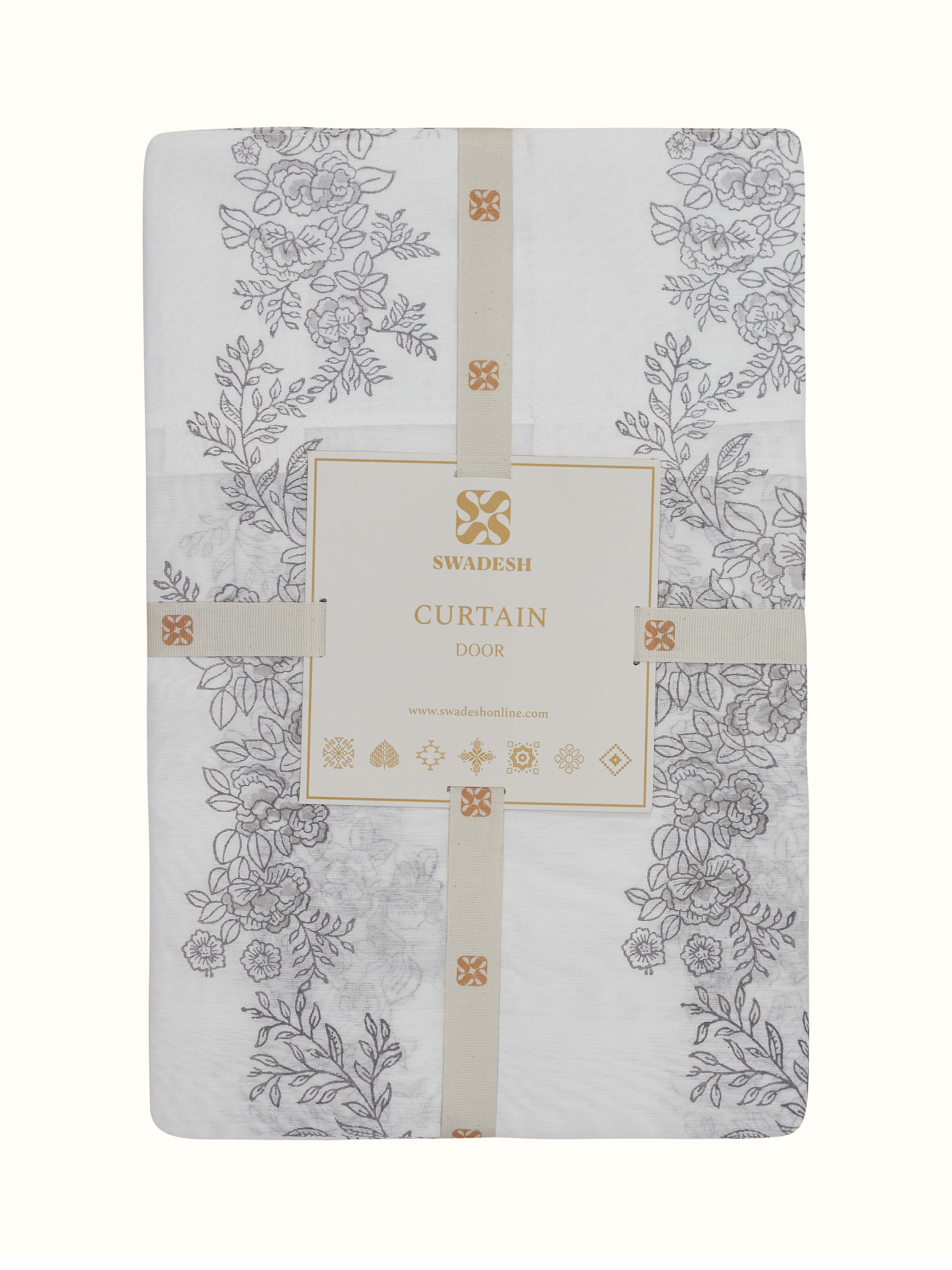 Close-up view of Shivranjini White Floral Stripe Cotton Silk Sanganeri Block Printed Curtain (7 ft) focusing on the floral print and silk texture.