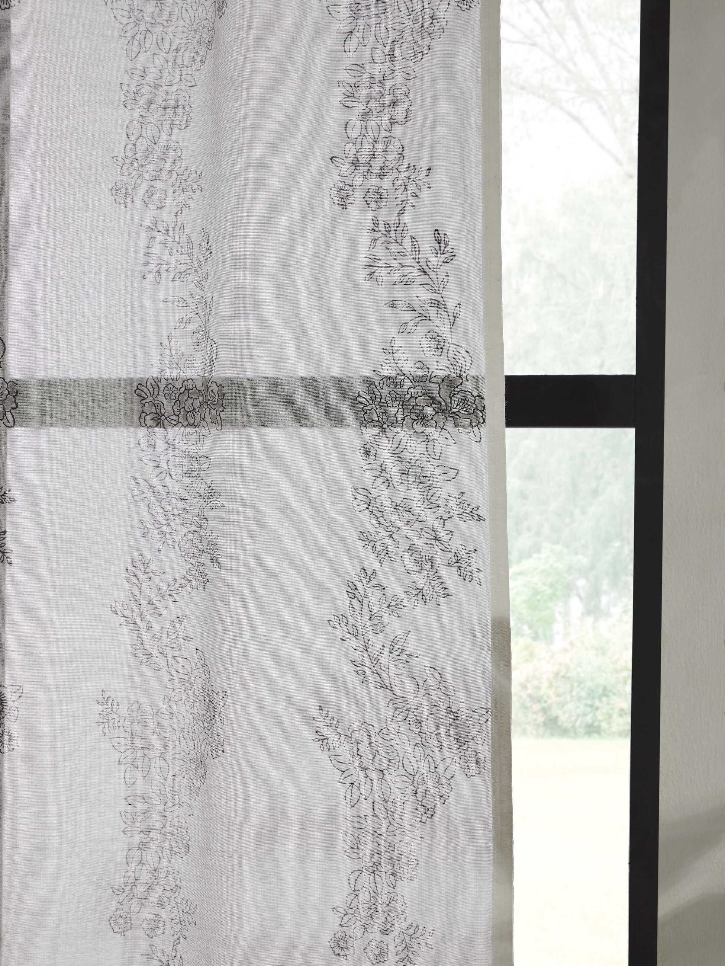 Front view of Shivranjini White Floral Stripe Cotton Silk Sanganeri Block Printed Curtain (7 ft) displaying the length and floral pattern.