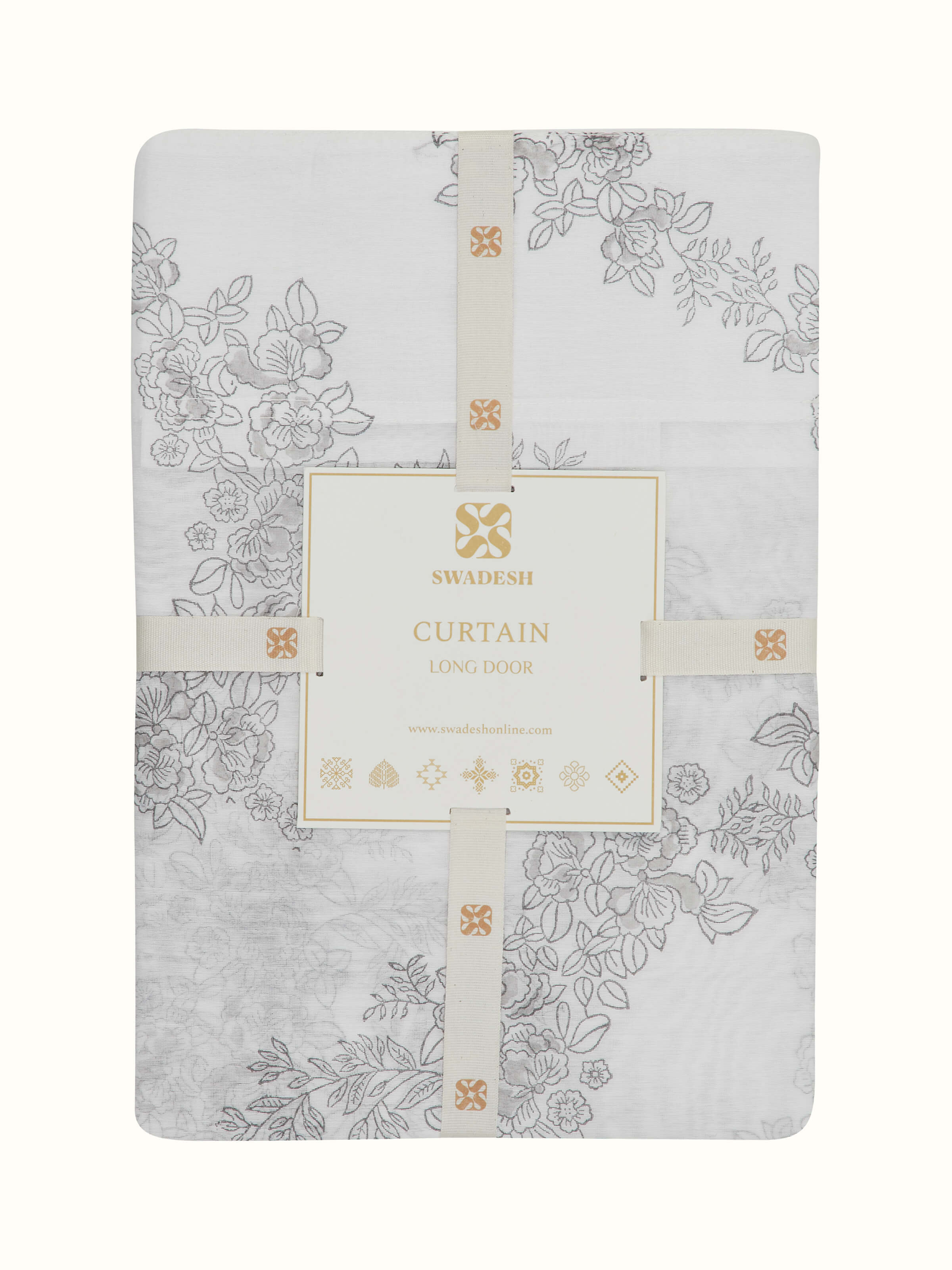 Full-length view of Shivranjini White Floral Trellis Curtain hanging, displaying the complete floral trellis design in cotton-silk.