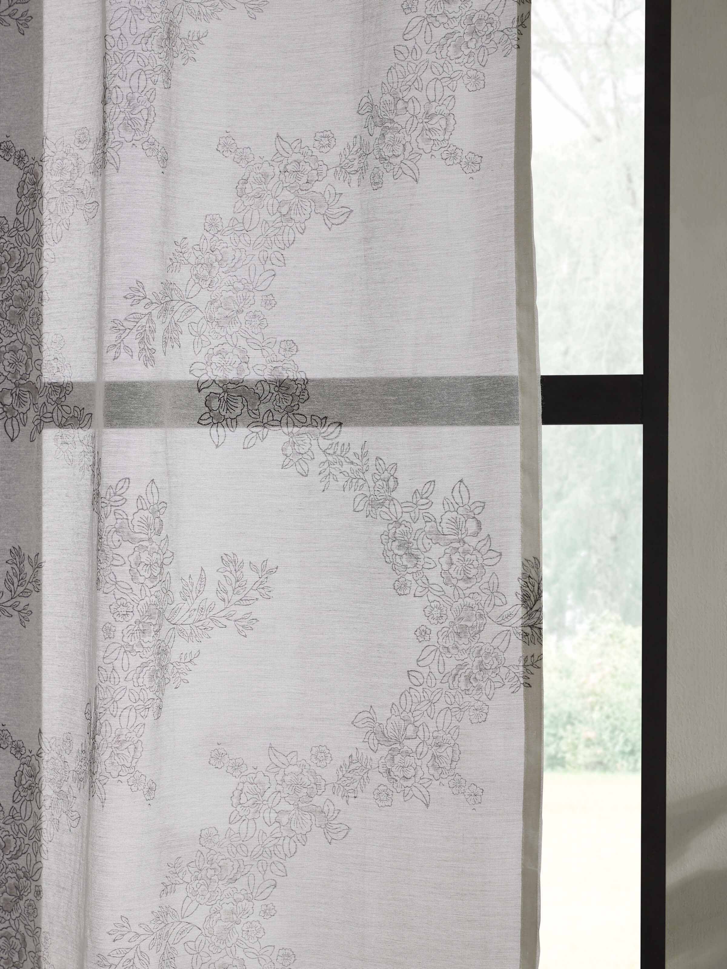 Detailed view of Shivranjini White Floral Trellis Curtain showing the elegant drape and block-printed floral pattern.