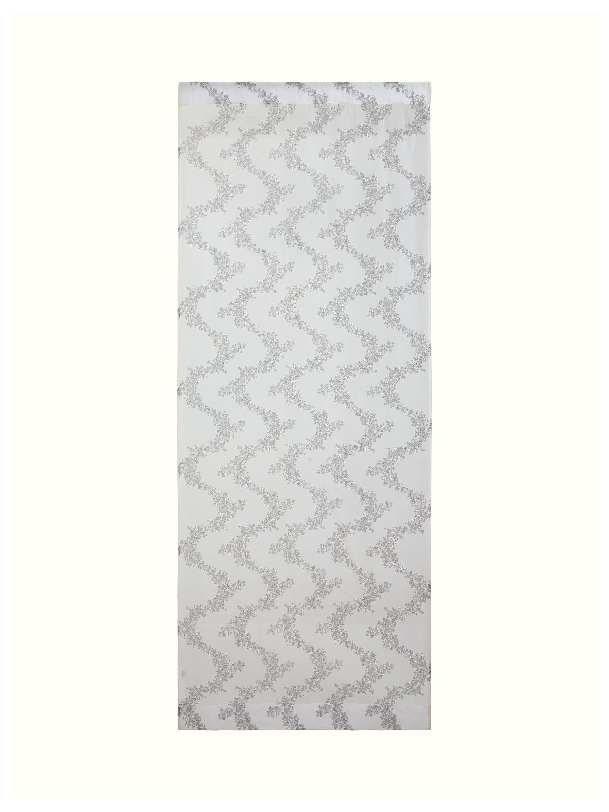 Front view of Shivranjini white floral cotton silk Sanganeri block printed curtain (7 ft) showcasing floral design