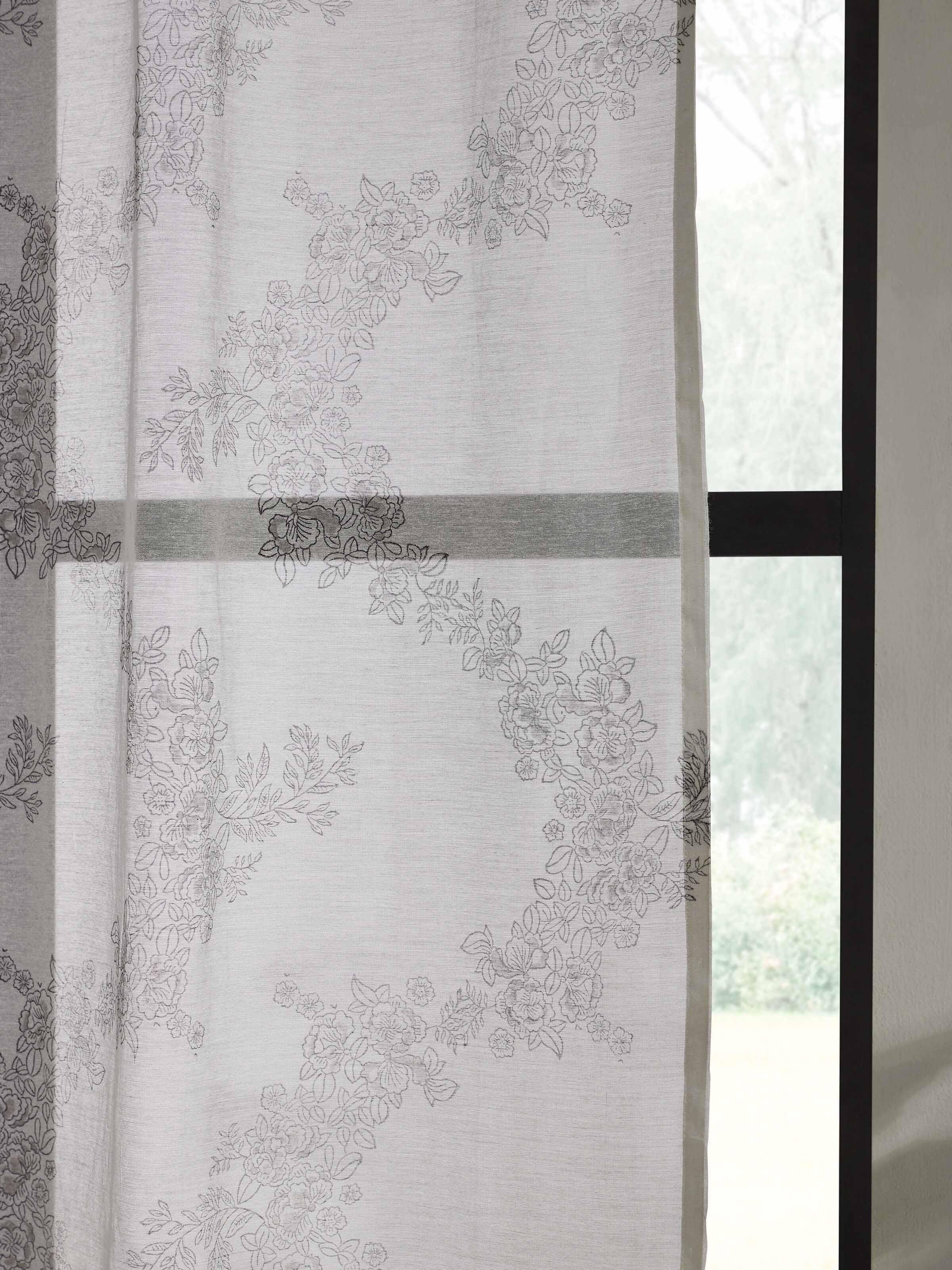 Close-up of Shivranjini white floral cotton silk Sanganeri block printed curtain (7 ft) illustrating floral print details