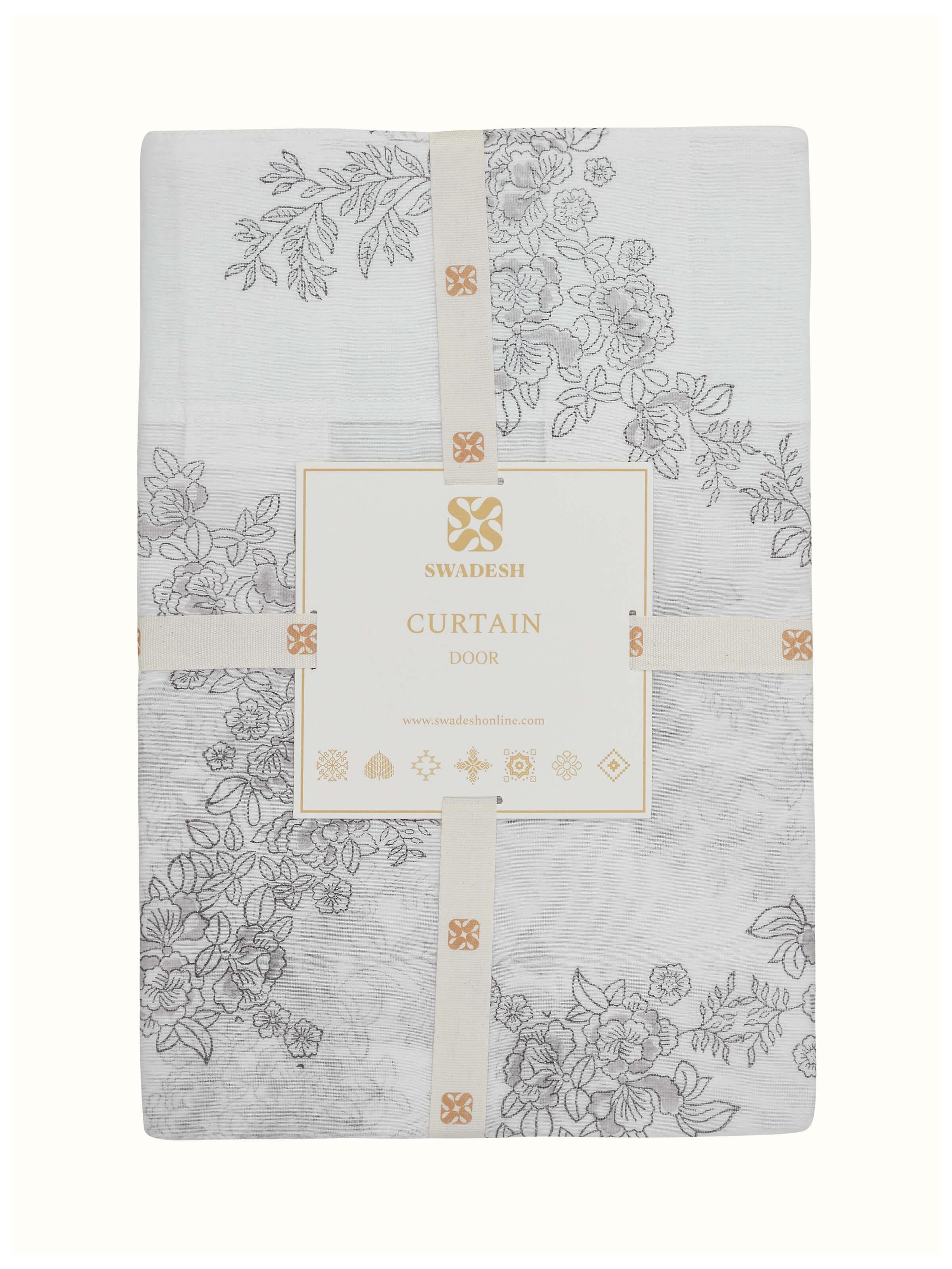 Side view of Shivranjini white floral cotton silk Sanganeri block printed curtain (7 ft) showing drape and design