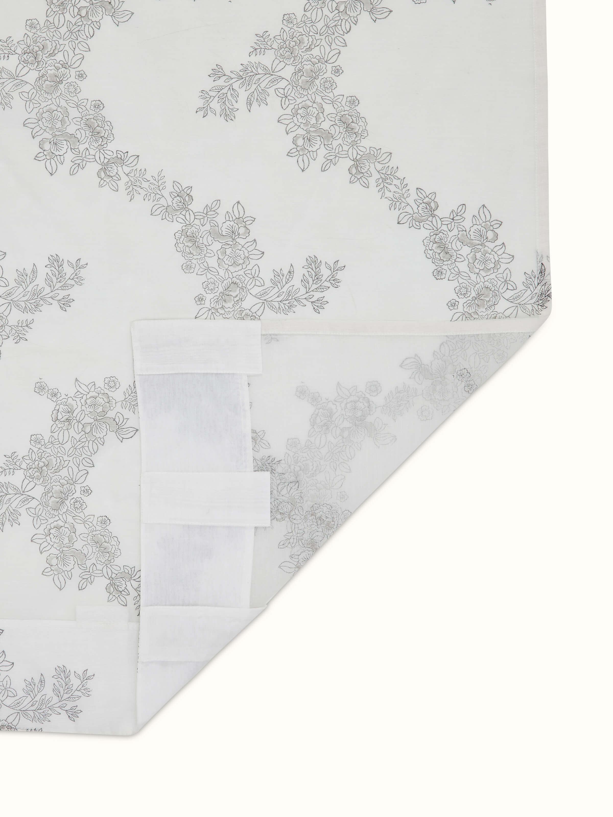 Front view of Shivranjini white floral cotton silk Sanganeri block printed curtain (7 ft) with detailed floral pattern