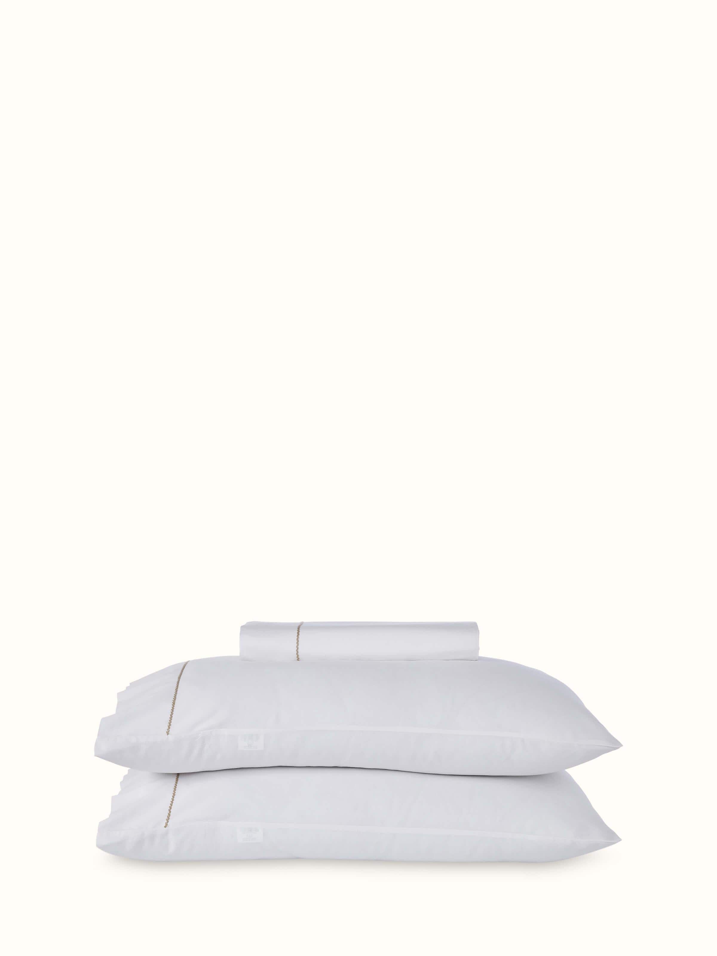 Full view of Shivranjini beige stripe cotton hand embroidered bedsheet king set, showcasing its elegant striped pattern and hand embroidery.