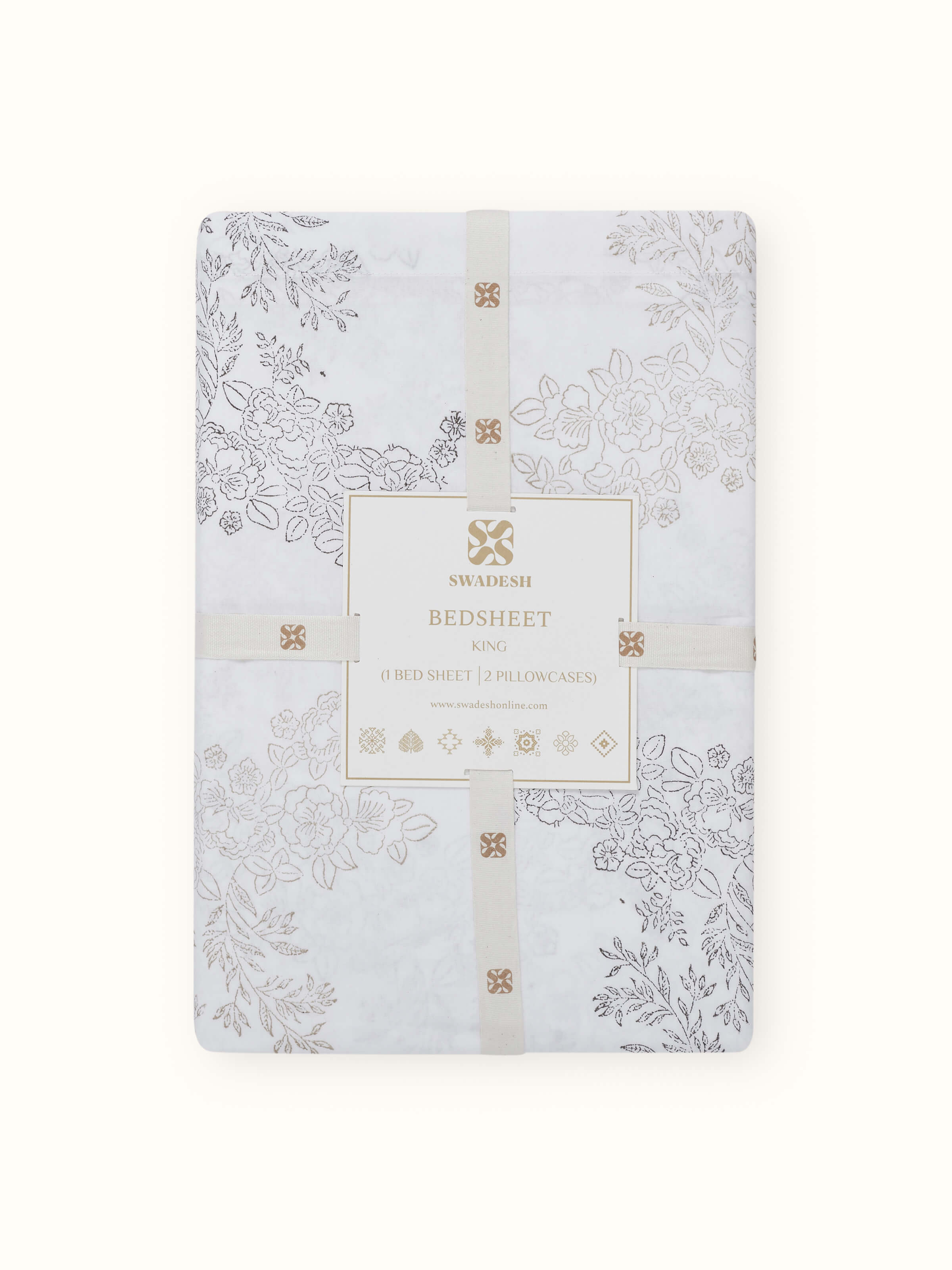 Artistic view of Shivranjini beige trellis cotton Sanganeri block printed king bedsheet set in a bedroom setting