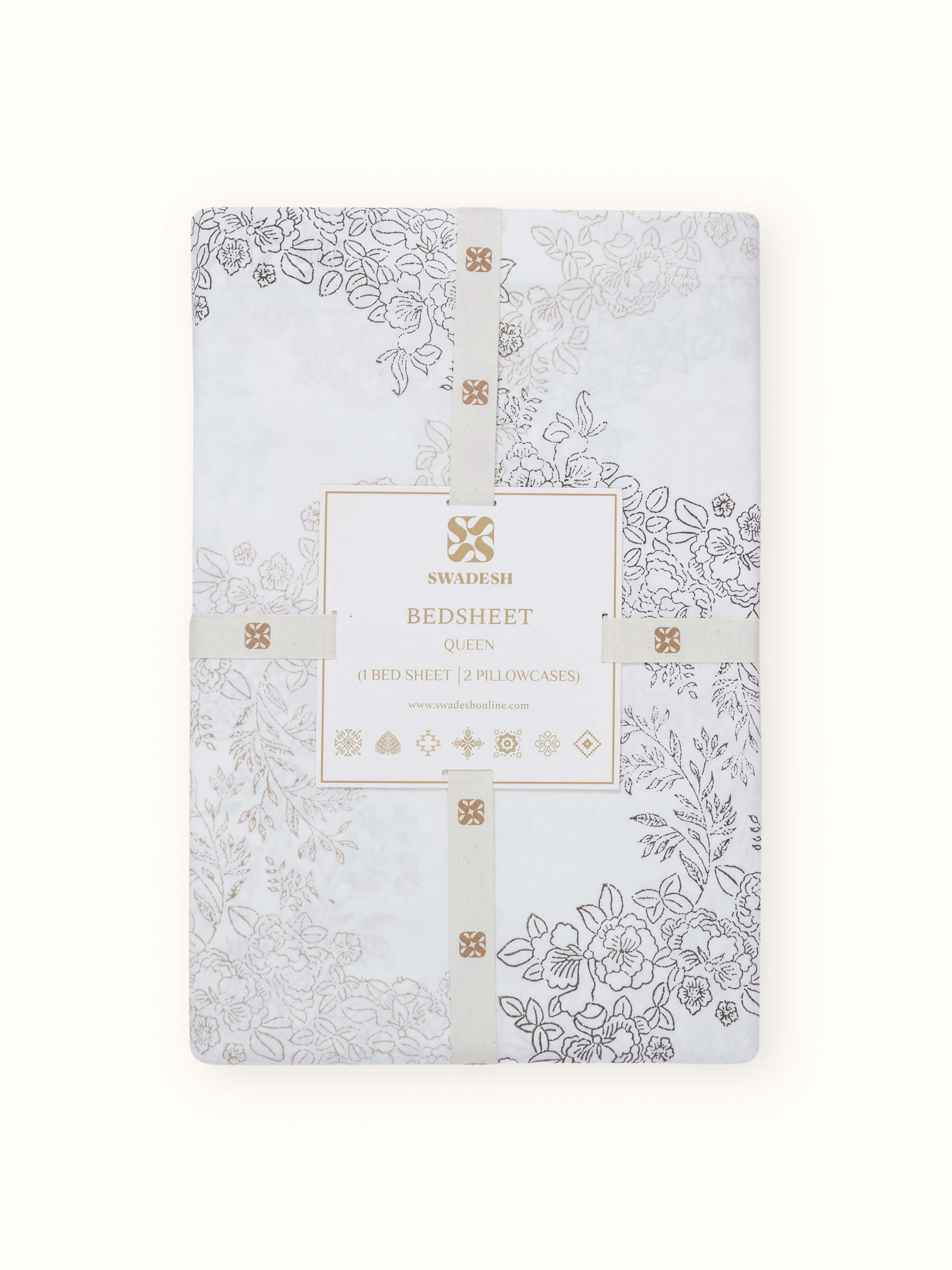 Detailed close-up of Shivranjini beige trellis cotton Sanganeri block printed queen bedsheet set (3 pcs) showcasing the Sanganeri block print and beige color.