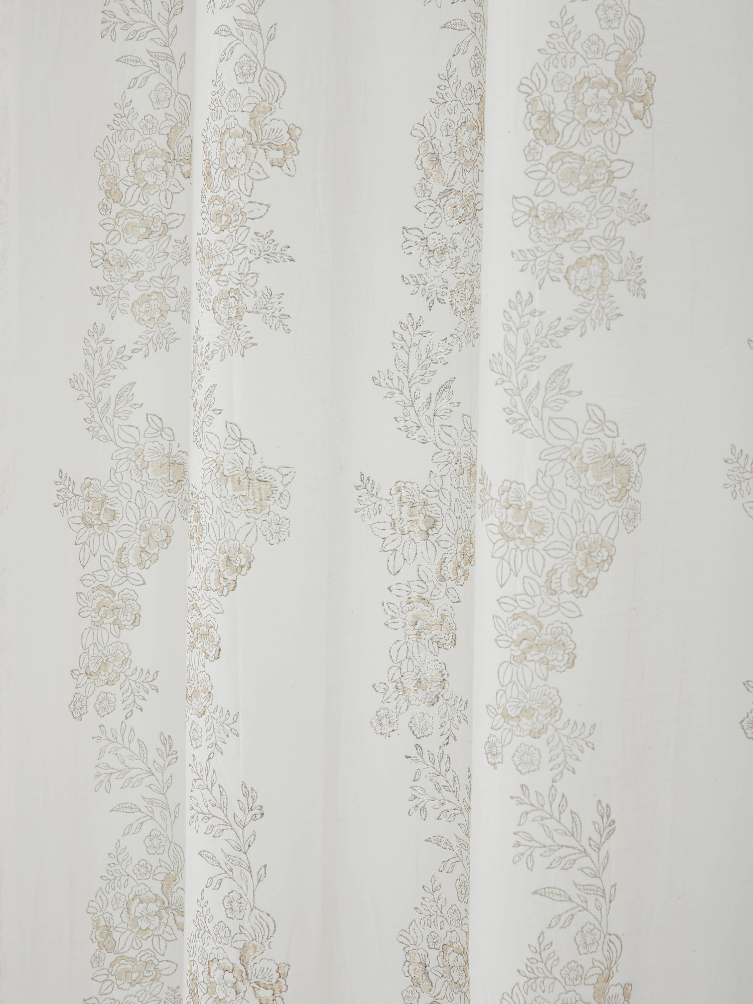 Detailed view of Shivranjini ivory floral cotton silk Sanganeri block printed curtain (9 ft) showing the intricate floral block print.