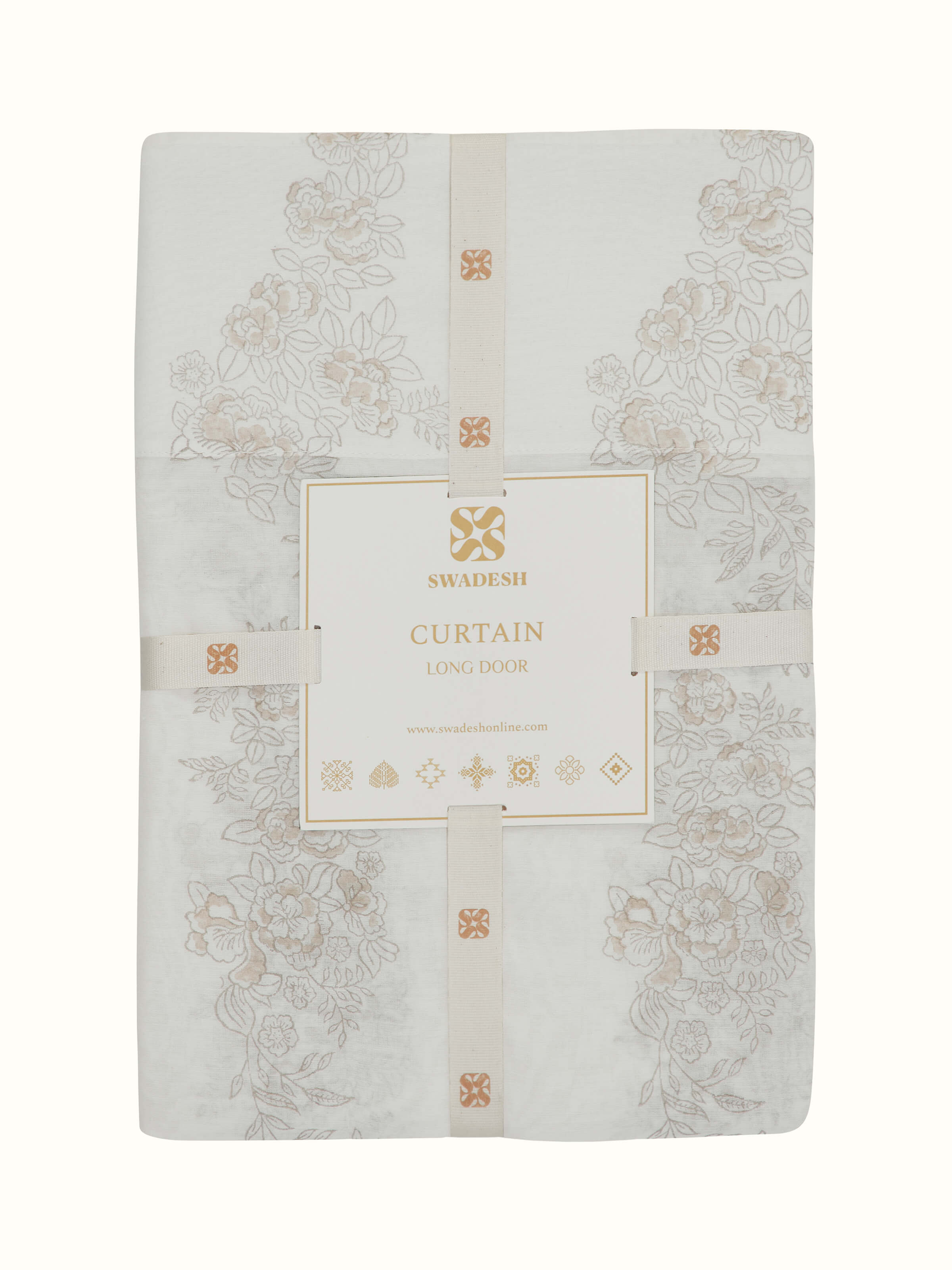 Close-up of Shivranjini ivory floral cotton silk Sanganeri block printed curtain (9 ft) emphasizing the fabric's texture and floral design.